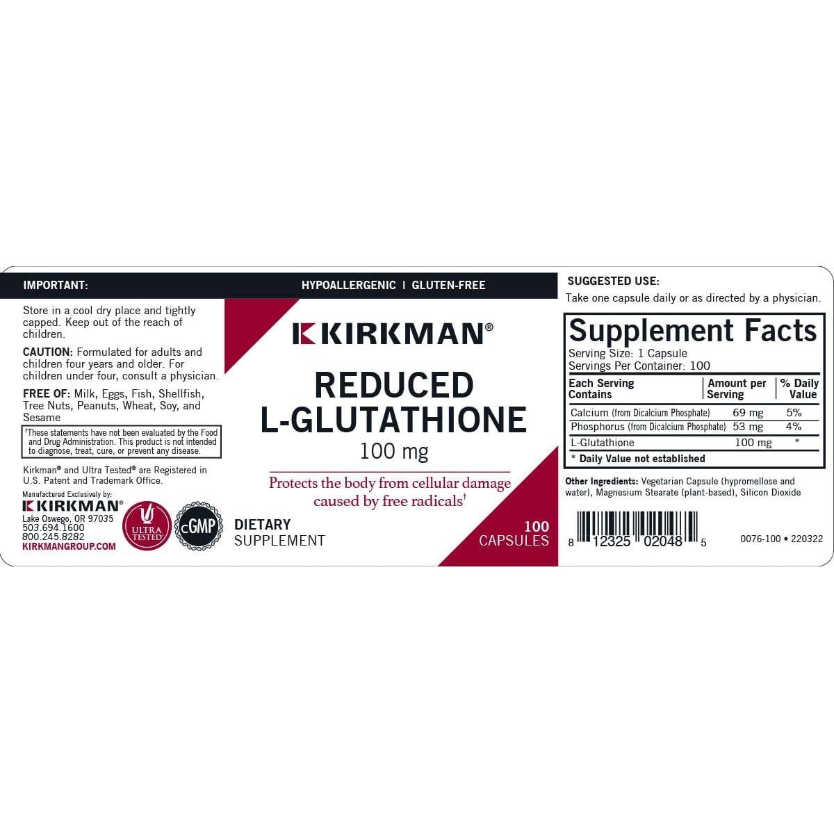Kirkman Glutatión L-Reducido 100 mg - 100 Cápsulas Vegetarianas