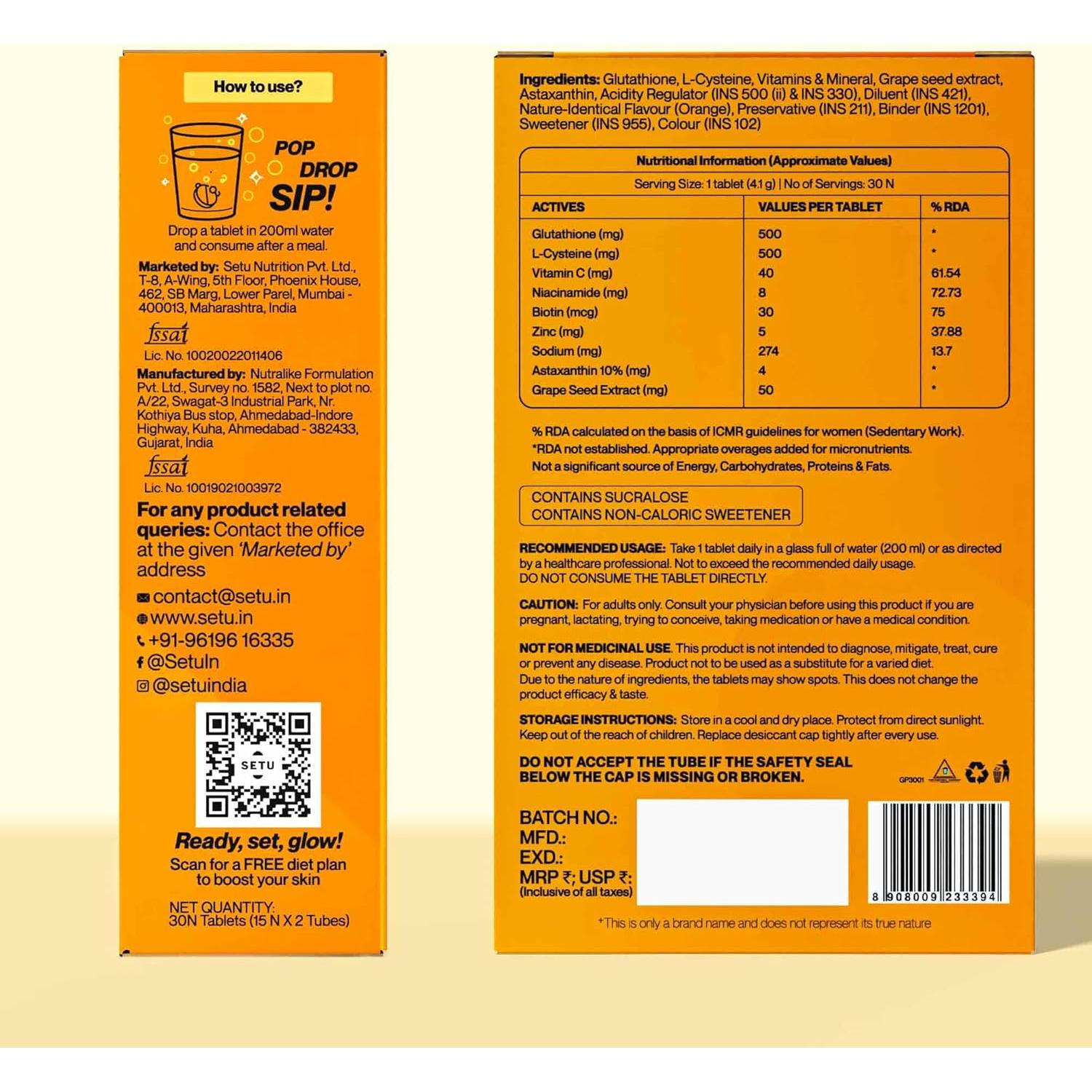 Tabletas Efervescentes Setu de Glutatión 500mg + Vitamina C - Sabor Naranja (Paquete de 4)