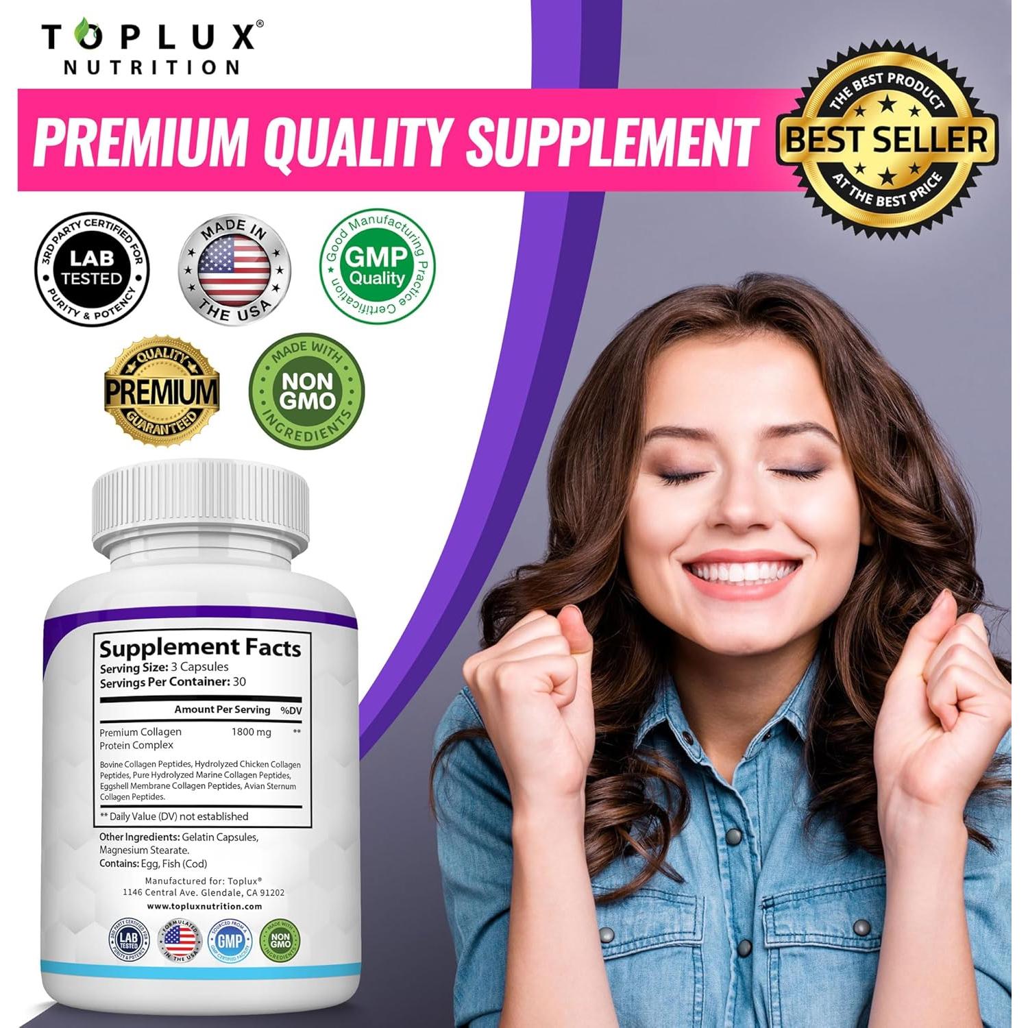 Toplux Colágeno Péptidos 1800 mg 90 Cápsulas Suplemento