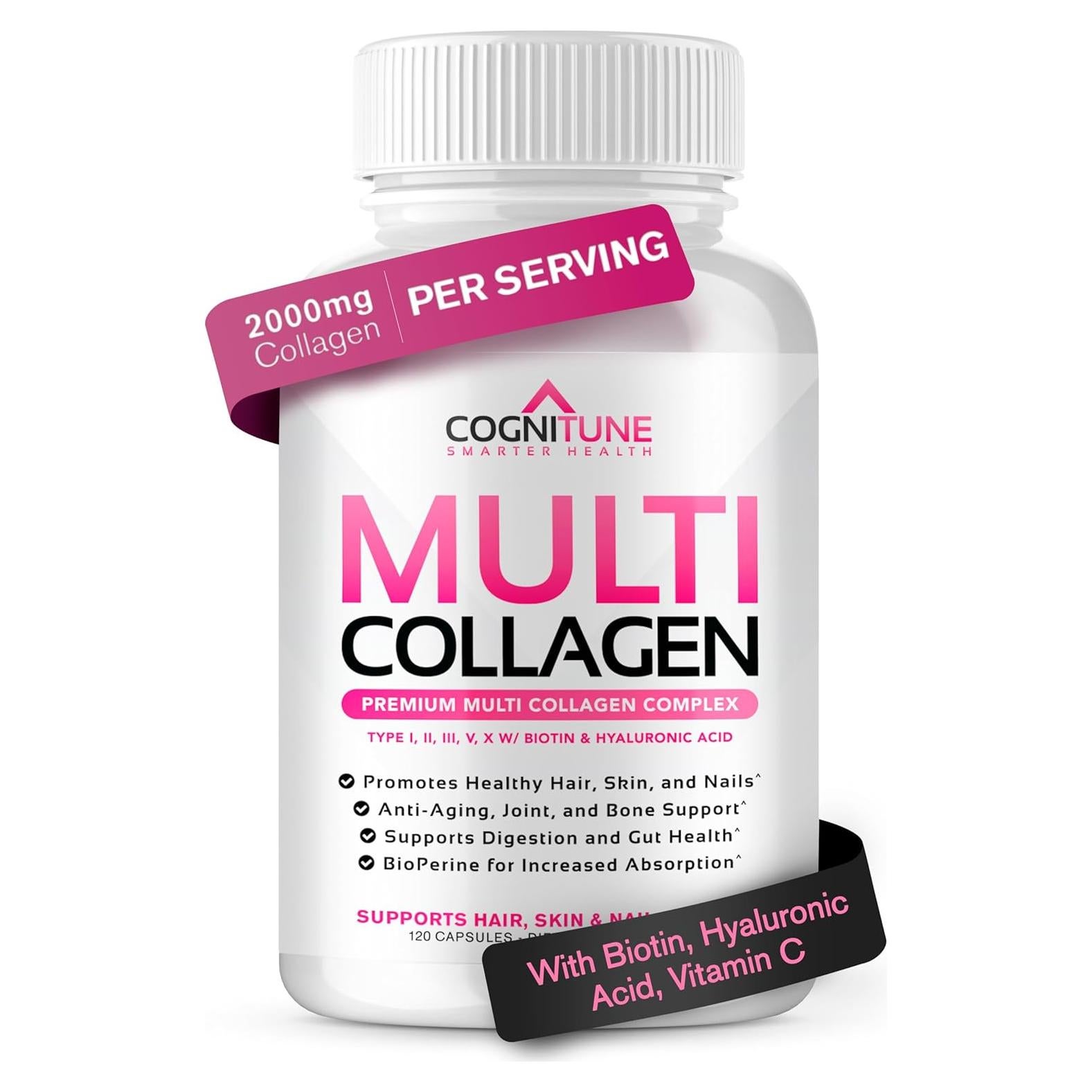 CogniTune Multi Colágeno para Mujeres 120 Cápsulas - Biotina, Ácido Hialurónico, Vitamina C