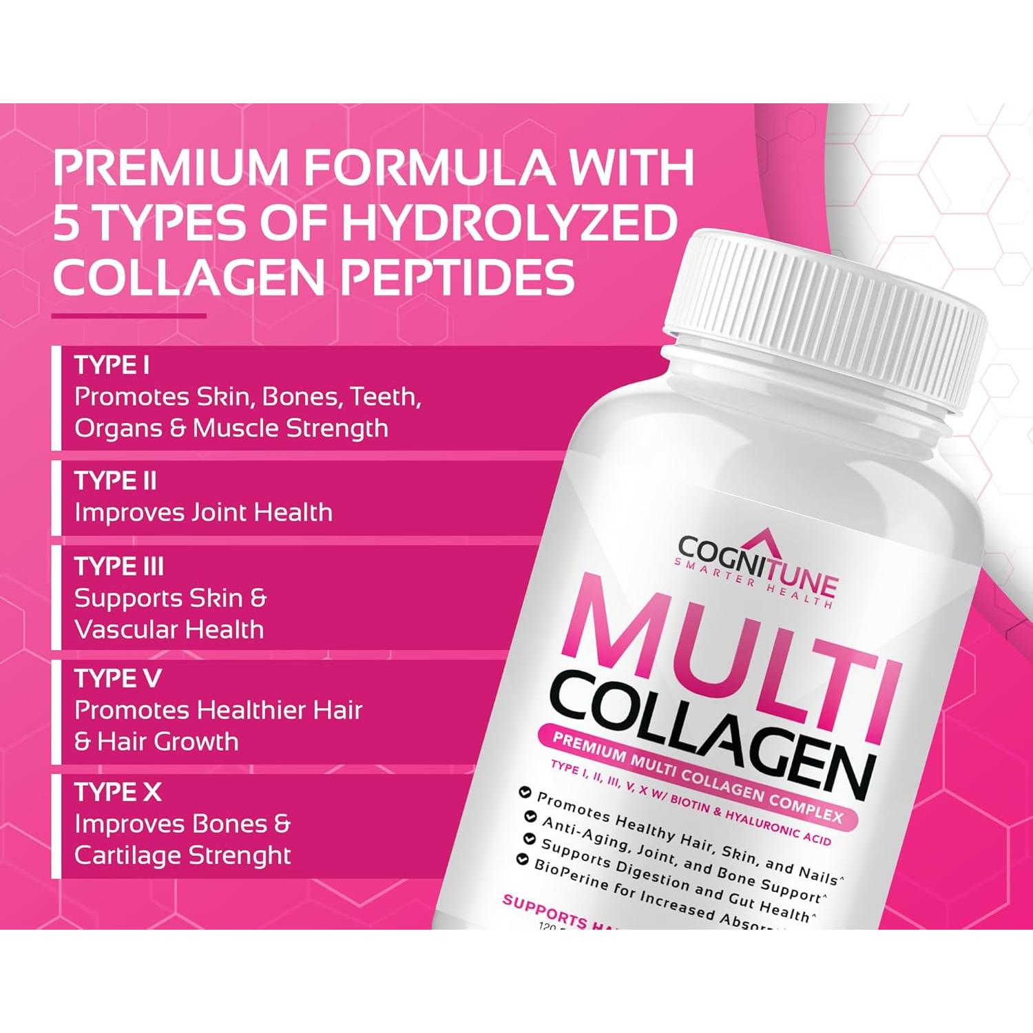 CogniTune Multi Colágeno para Mujeres 120 Cápsulas - Biotina, Ácido Hialurónico, Vitamina C