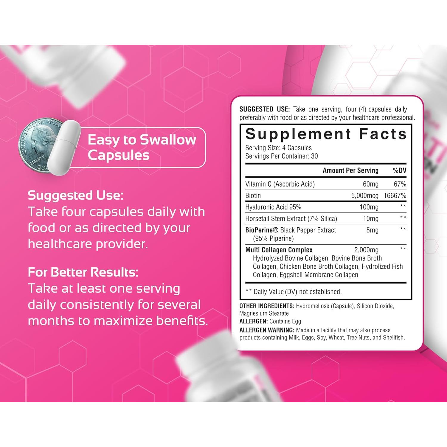 CogniTune Multi Colágeno para Mujeres 120 Cápsulas - Biotina, Ácido Hialurónico, Vitamina C