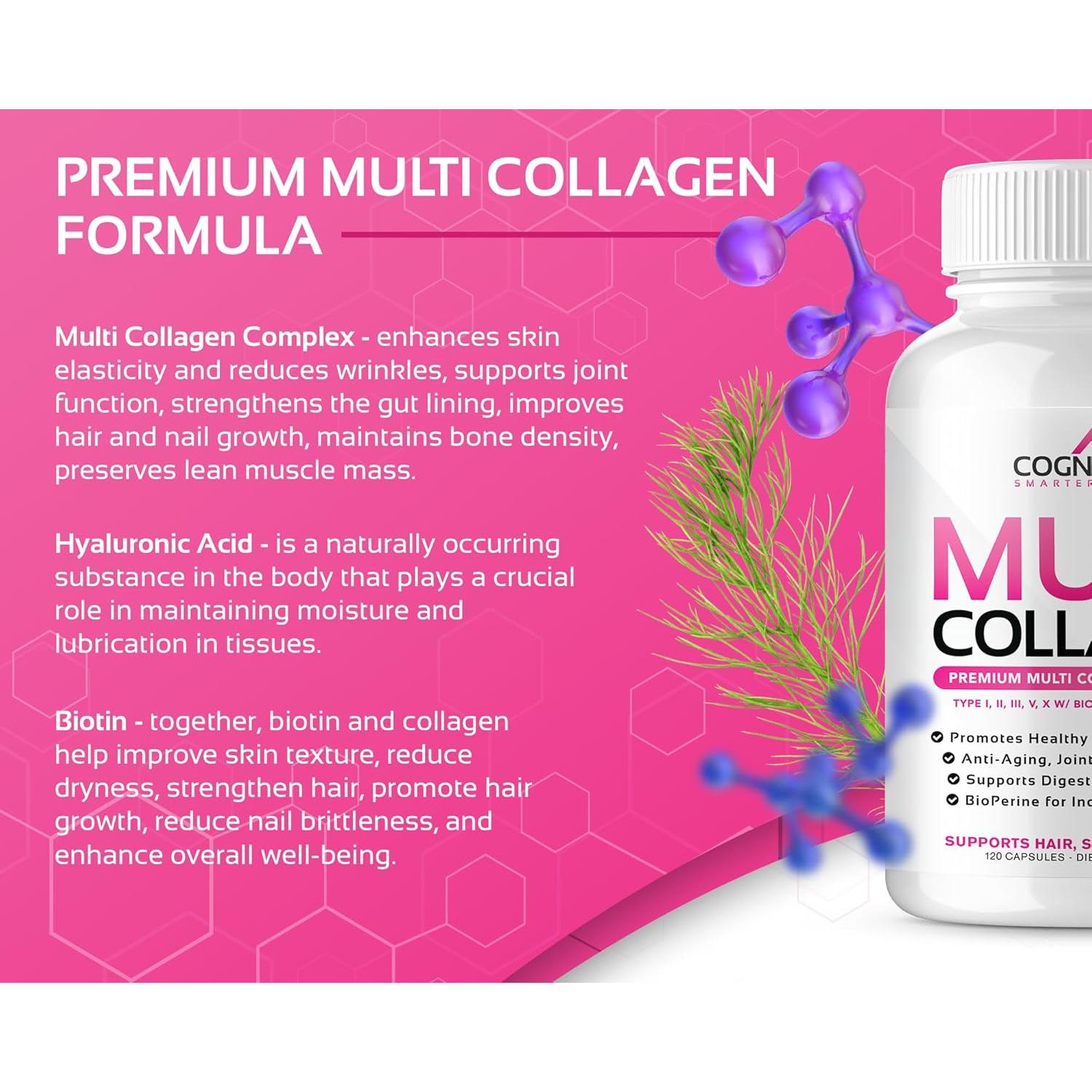CogniTune Multi Colágeno para Mujeres 120 Cápsulas - Biotina, Ácido Hialurónico, Vitamina C