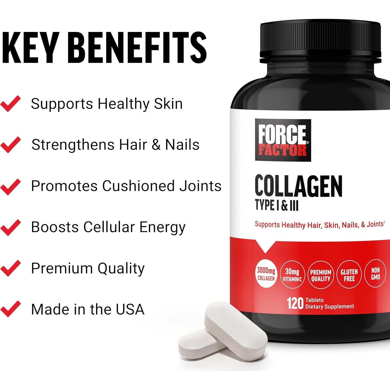 Colágeno Hidrolizado Force Factor 120 Tabletas - Salud Piel Cabello