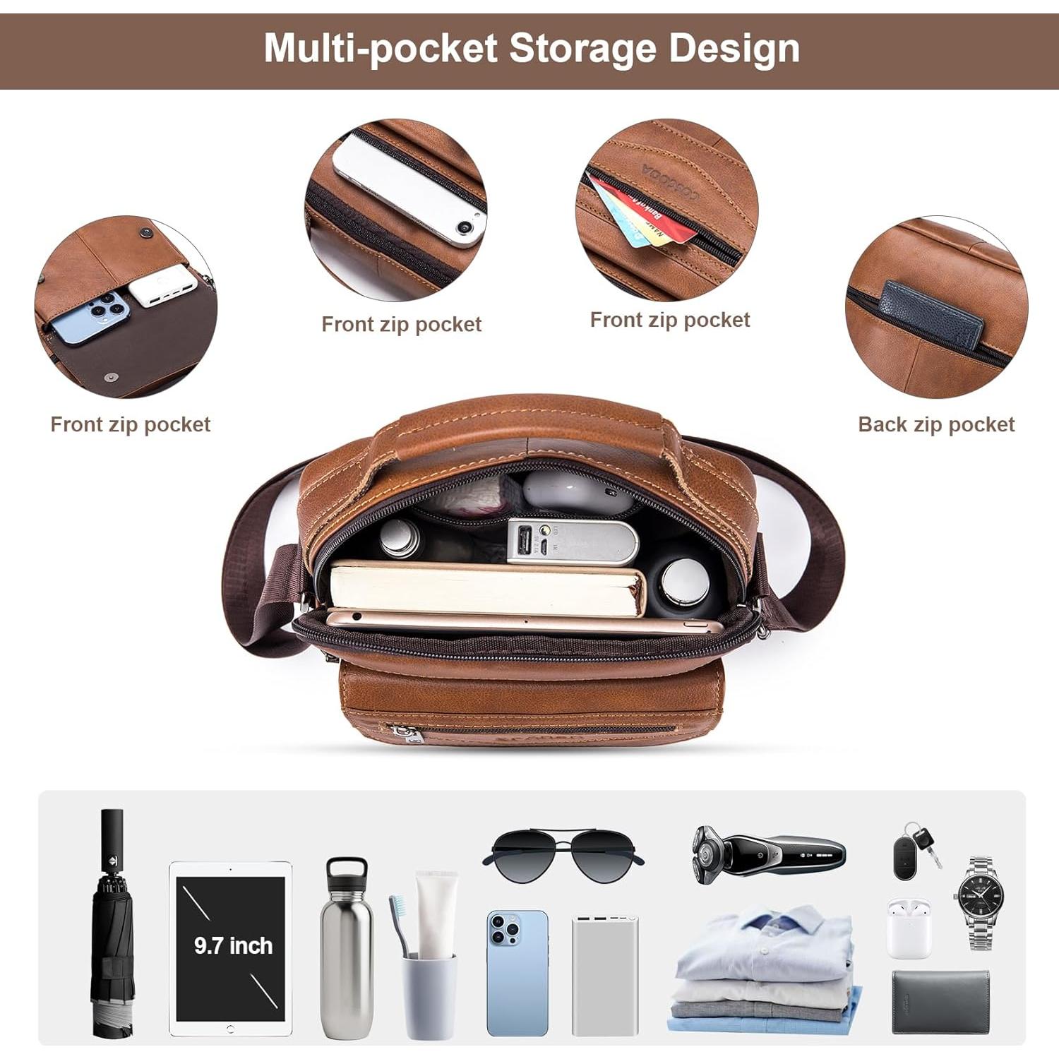 Bolso de Hombro de Cuero COSCOOA Marrón 21x9x25cm