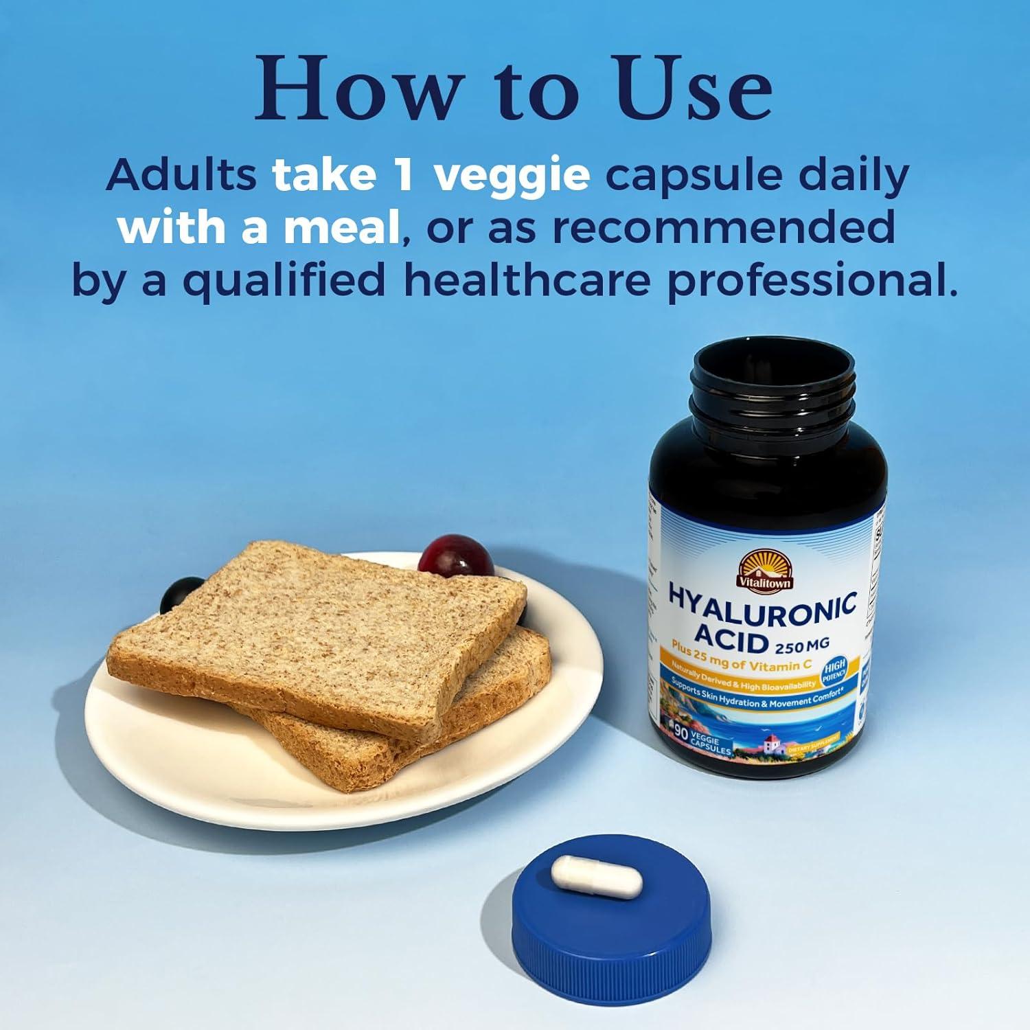 Suplemento de Ácido Hialurónico Vitalitown 250 mg + Vitamina C 90 Cápsulas Veganas