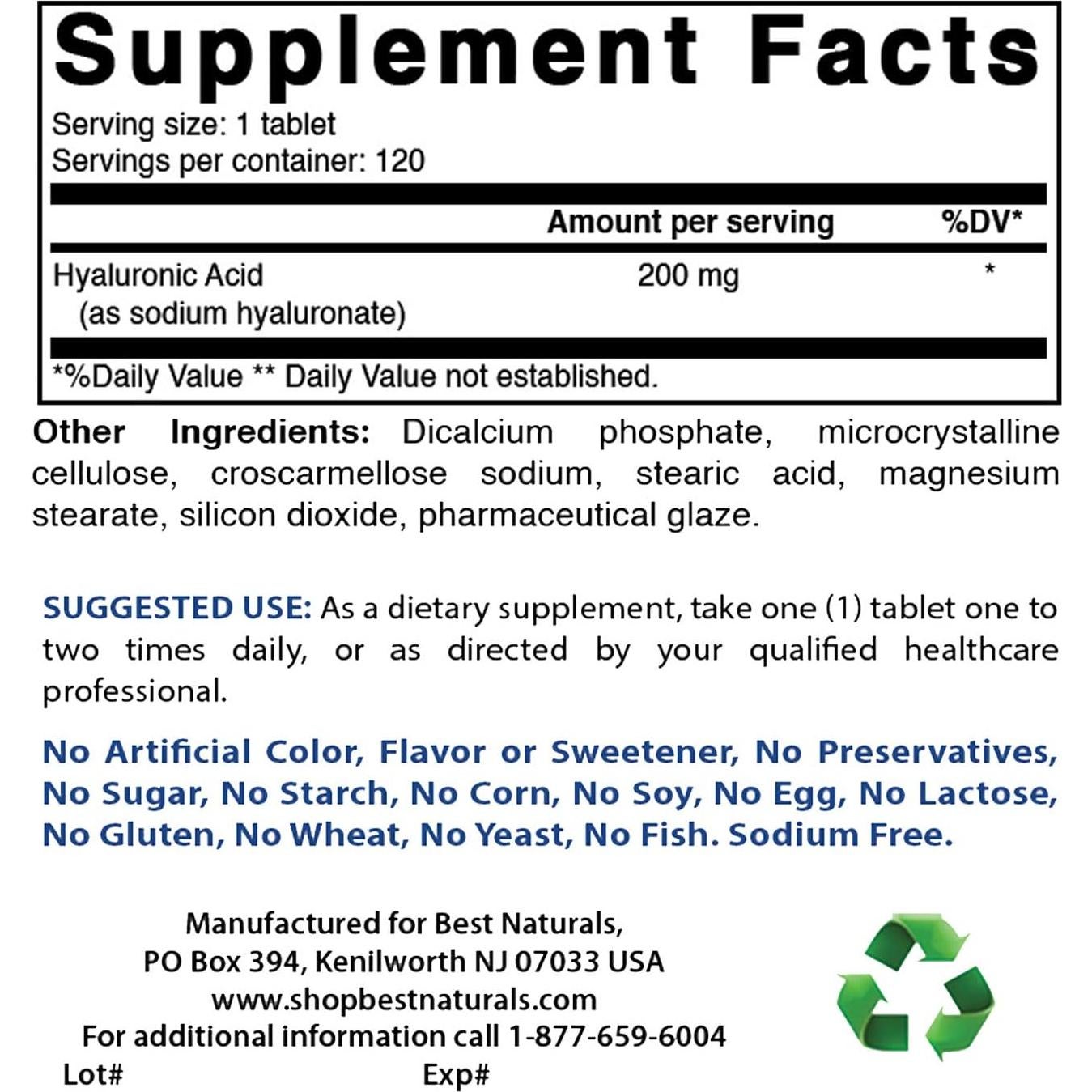 Ácido Hialurónico 200 mg Mejores Naturales 120 Tabletas