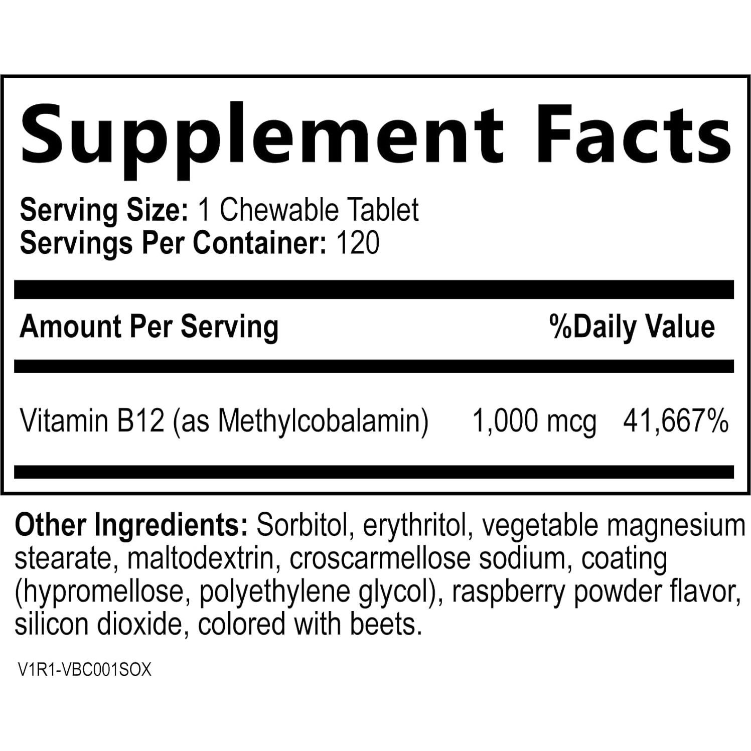 Vitamina B12 1000 mcg Metilcobalamina Construido por Naturaleza - 120 Tabletas Masticables Sabor Baya