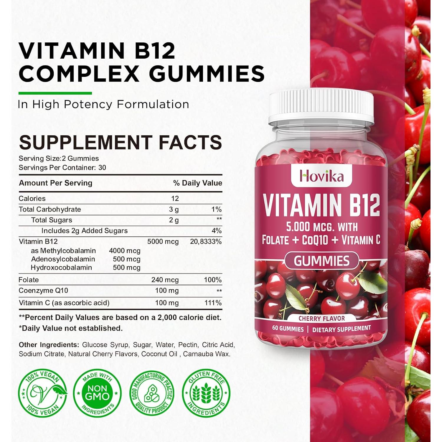 Gomitas de Vitamina B12 Hovika 5000 mcg con CoQ10 y Folato - Cereza