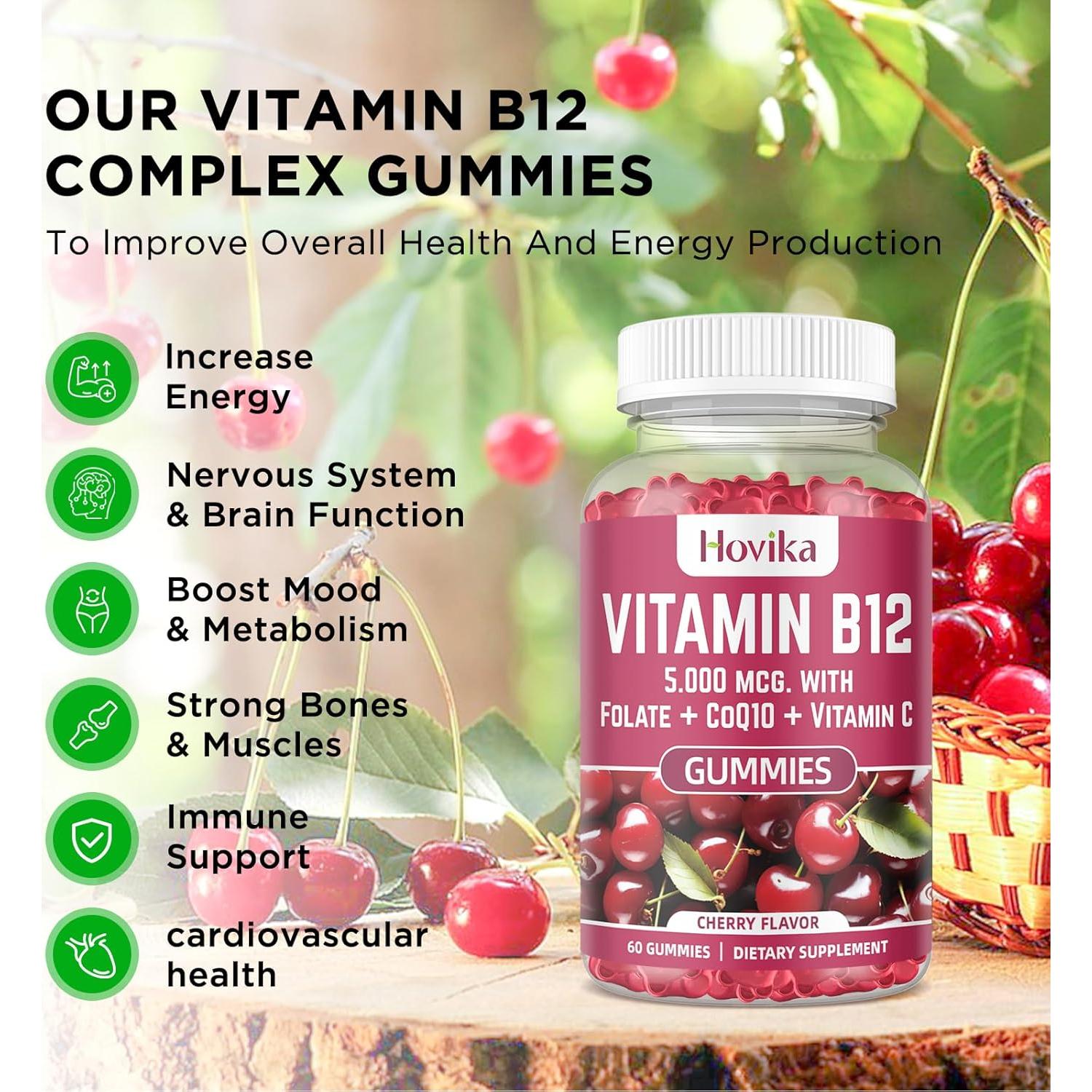 Gomitas de Vitamina B12 Hovika 5000 mcg con CoQ10 y Folato - Cereza