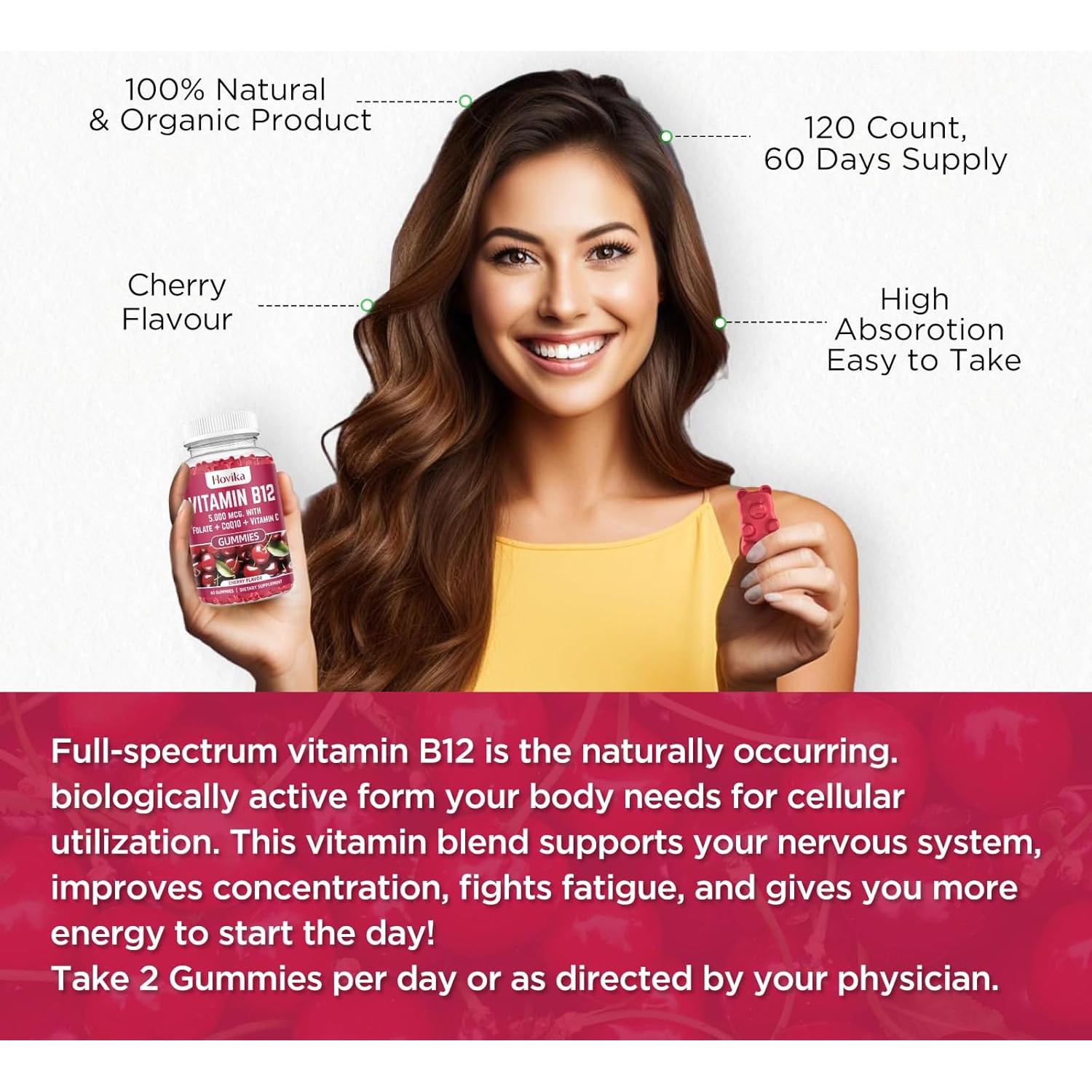 Gomitas de Vitamina B12 Hovika 5000 mcg con CoQ10 y Folato - Cereza