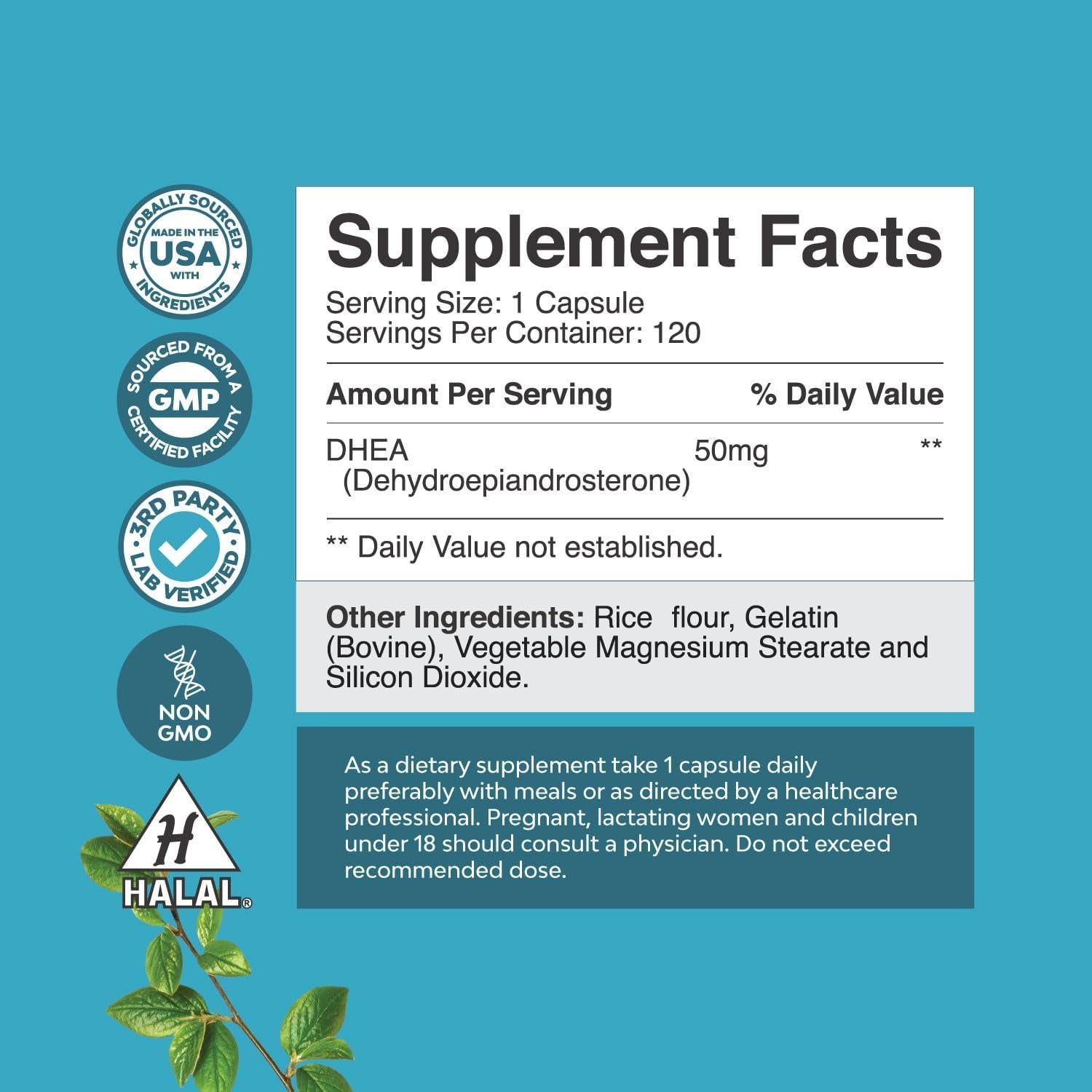 Suplemento DHEA 50mg Natures Craft - 120 Cápsulas para Equilibrio Hormonal