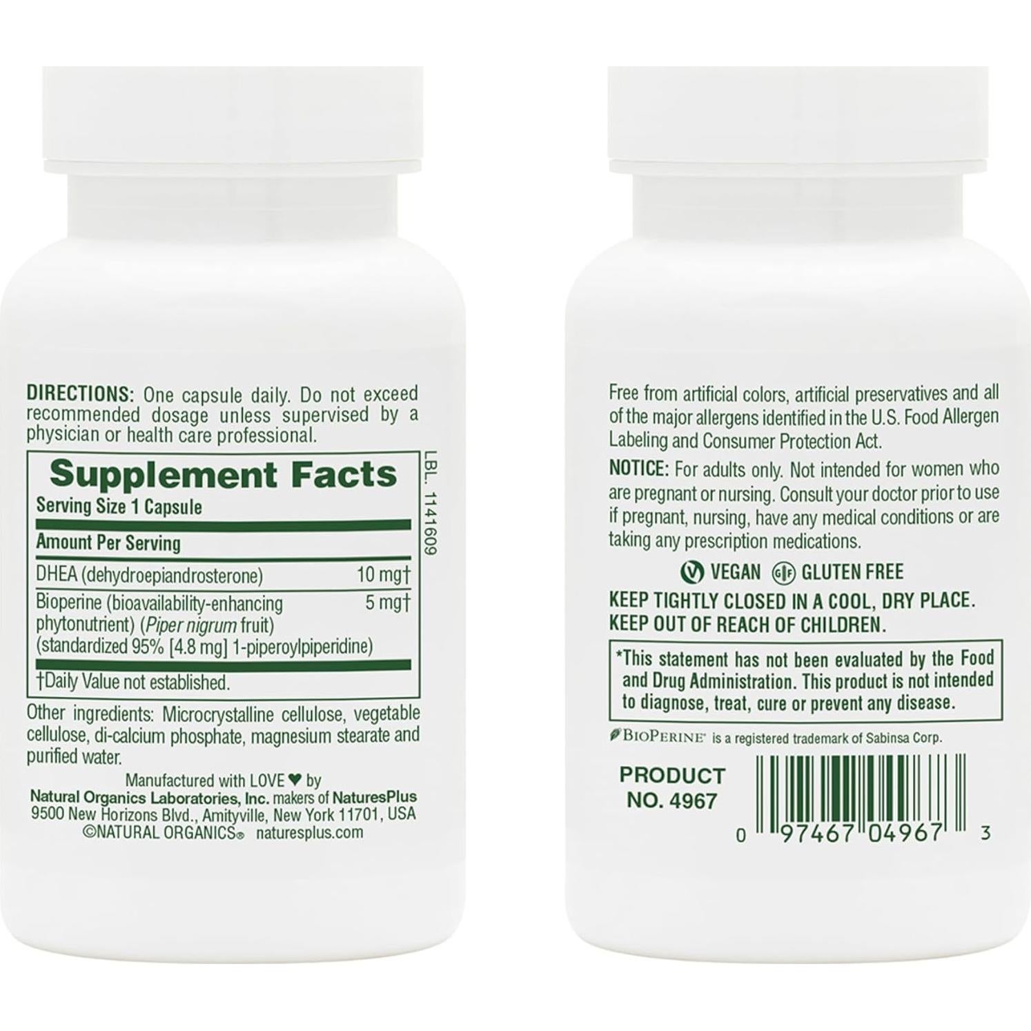 Suplemento DHEA 10 mg Natures Plus con Bioperina - 90 Cápsulas
