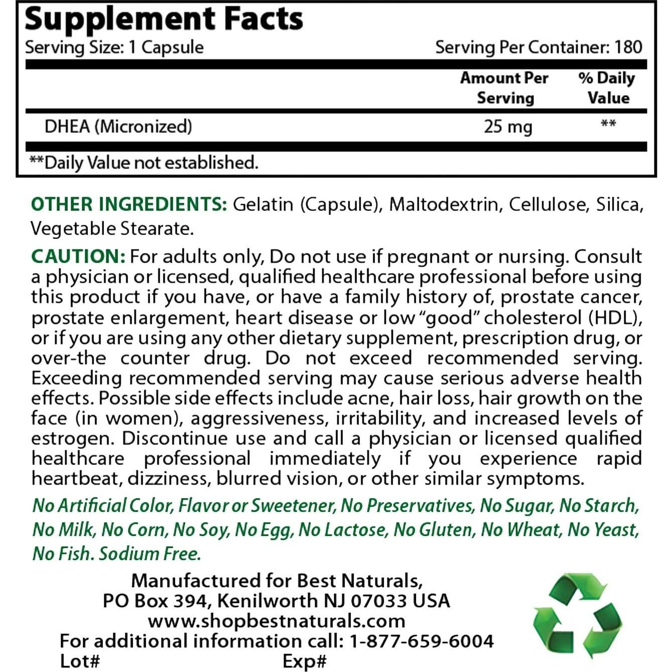 Suplemento DHEA 25 mg y Pregnenolona 30 mg - 180 Cápsulas