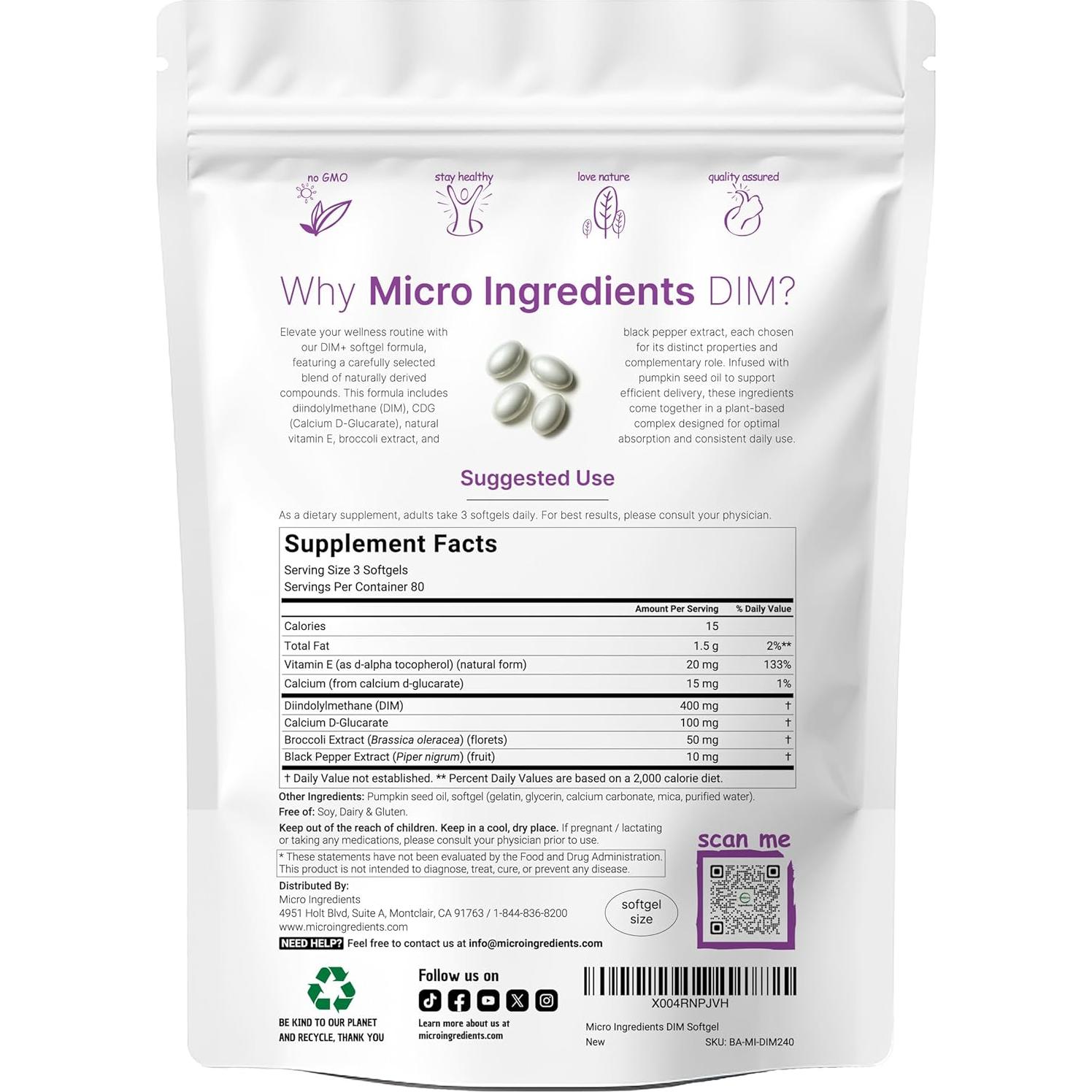 Suplemento DIM+ 400mg Micro Ingredients 240 Softgels