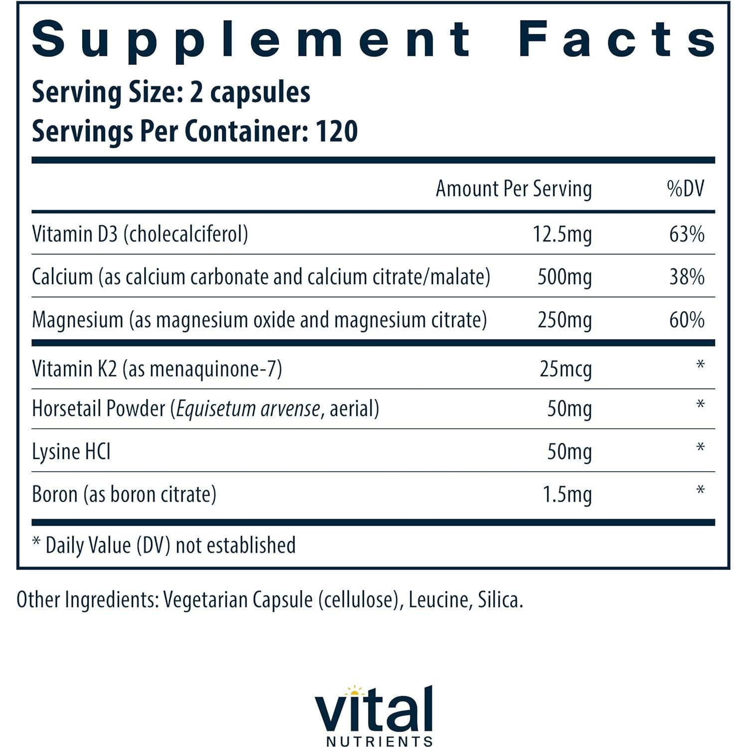Suplemento Nutrientes Óseos II Vital Nutrients | Vitamina K2 + D3, Calcio, Boro y Magnesio | 240 Cápsulas