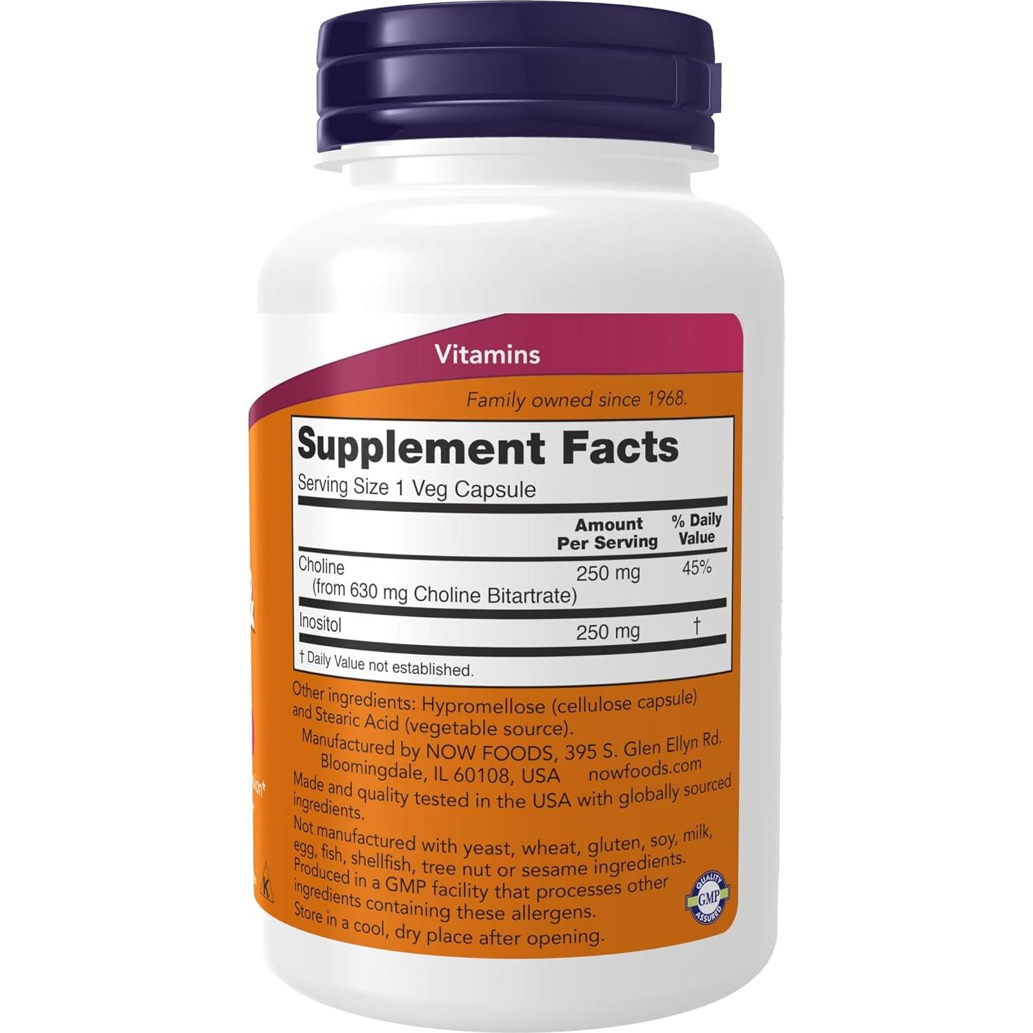 NOW Suplementos Colina e Inositol 500 mg 100 Cápsulas