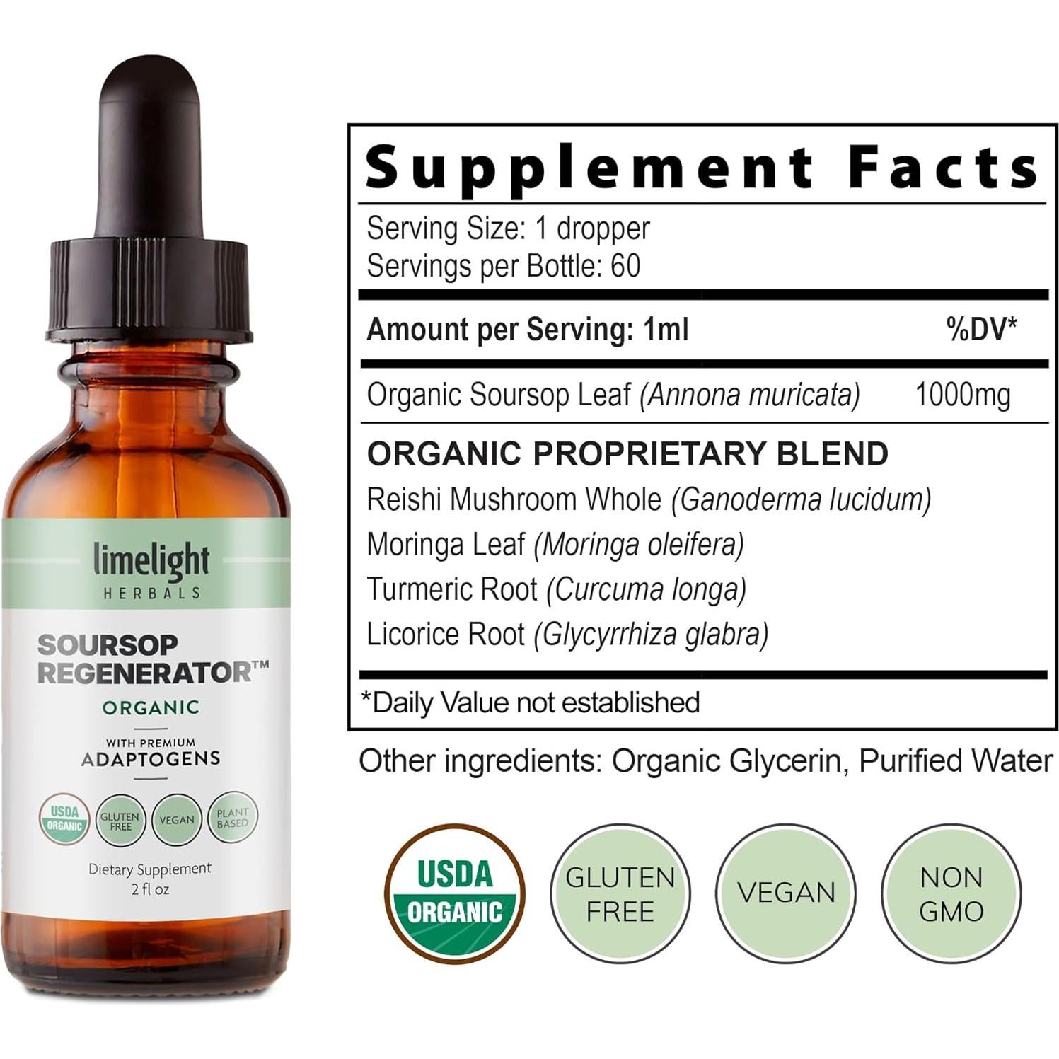 Gotas de Soursop Orgánico USDA 1000mg - Limelight Herbals