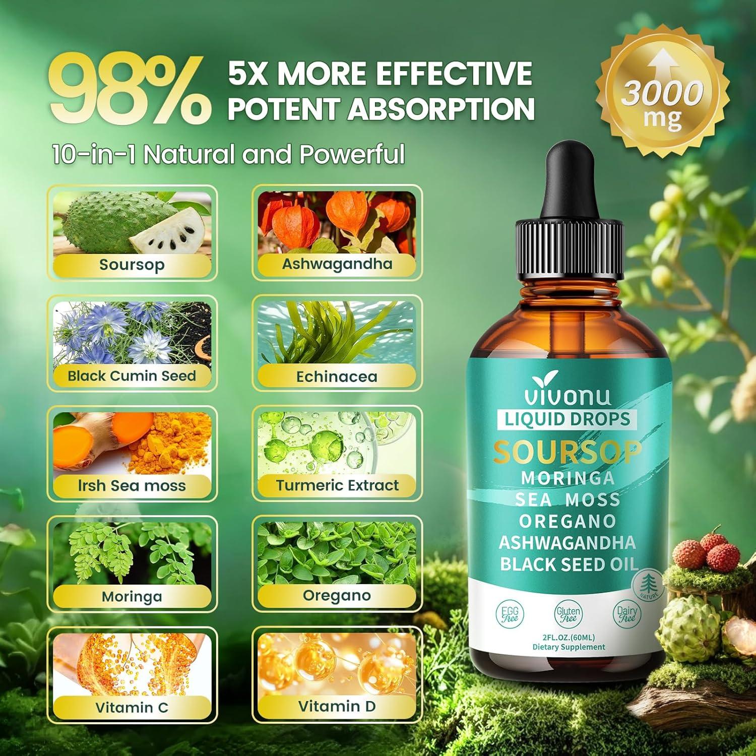 Gotas Líquidas de Guanábana VivoNu 3000mg 10-en-1 Antioxidante