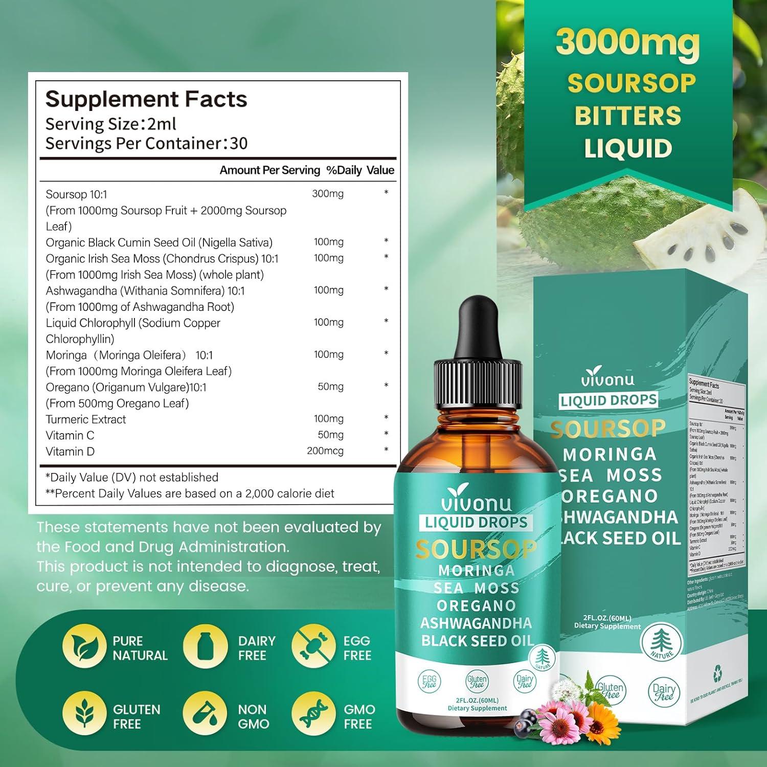 Gotas Líquidas de Guanábana VivoNu 3000mg 10-en-1 Antioxidante