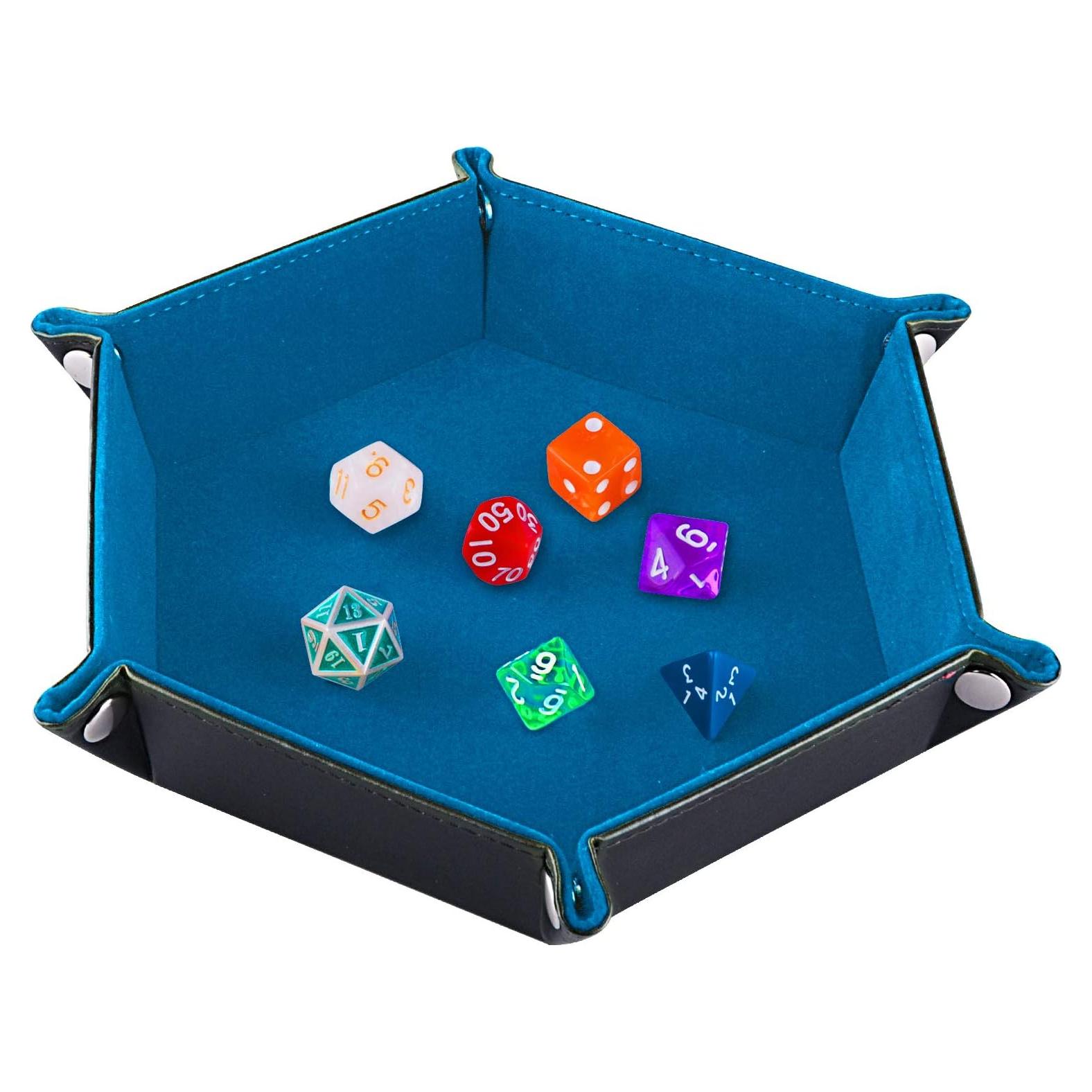 Bandeja de Dados SIQUK Hexagonal Plegable de Cuero PU Azul