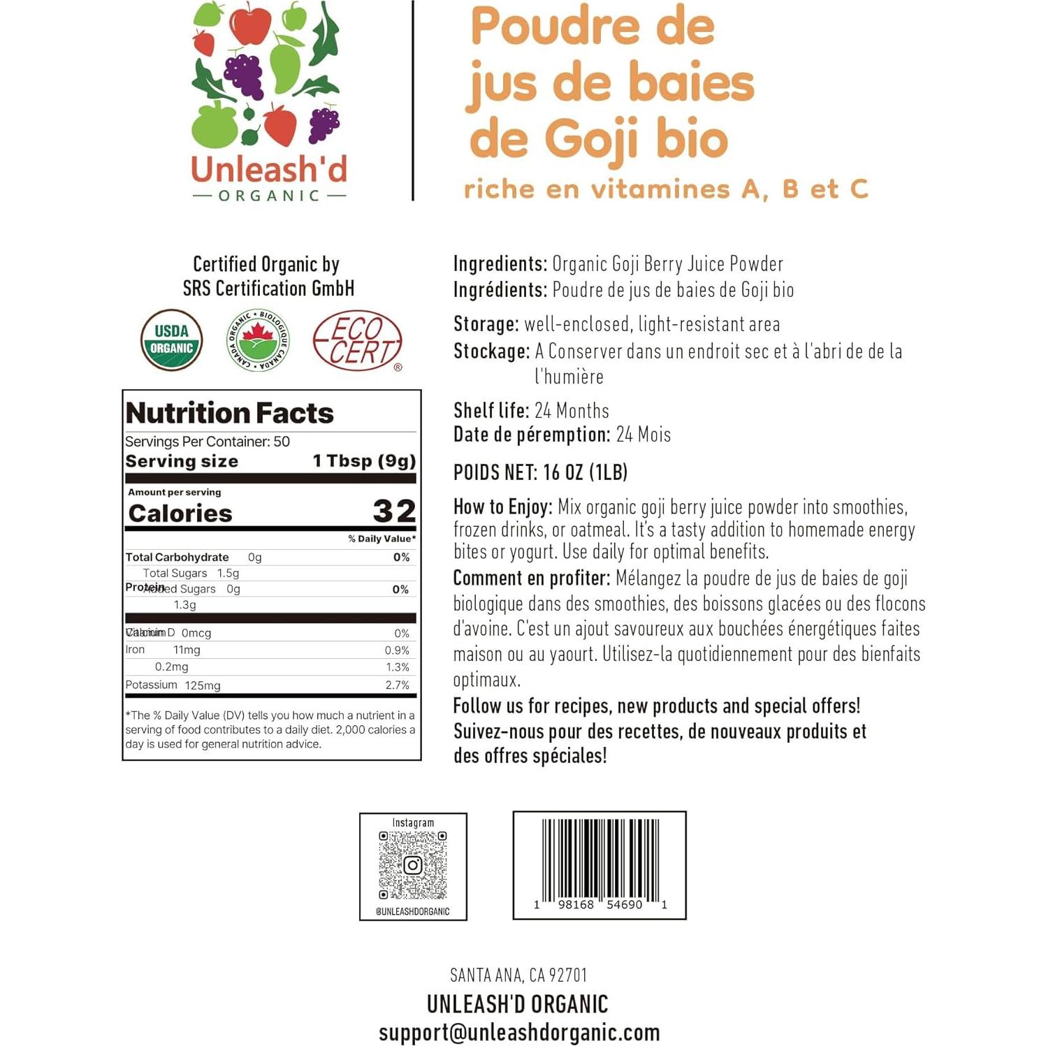 Polvo de Jugo de Baya Goji Orgánico Unleash'd 450 g - Antioxidantes