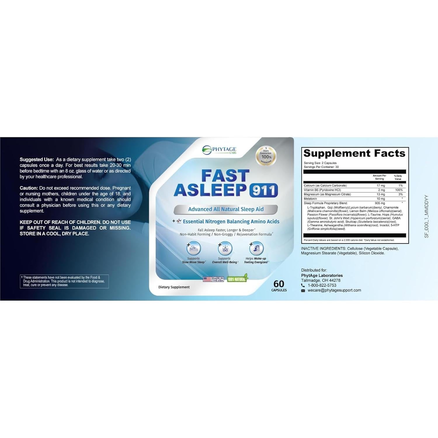 Suplemento Nocturno Fast Asleep 911 Phytage Labs 60 Cápsulas