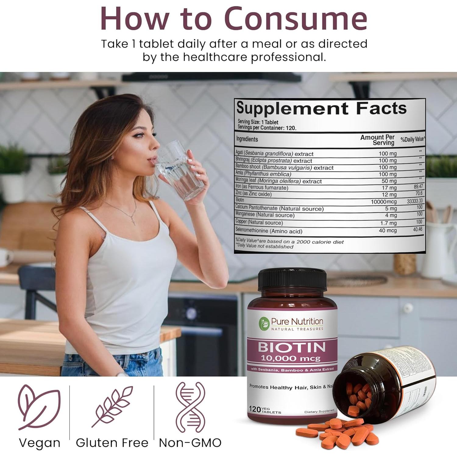 Suplemento de Biotina 10000mcg Nutrición Pura 120 Tabletas