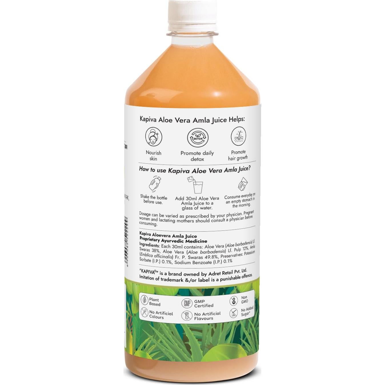 Jugo de Aloe Vera + Amla Kapiva 1L - Prensado en Frío, Saludable