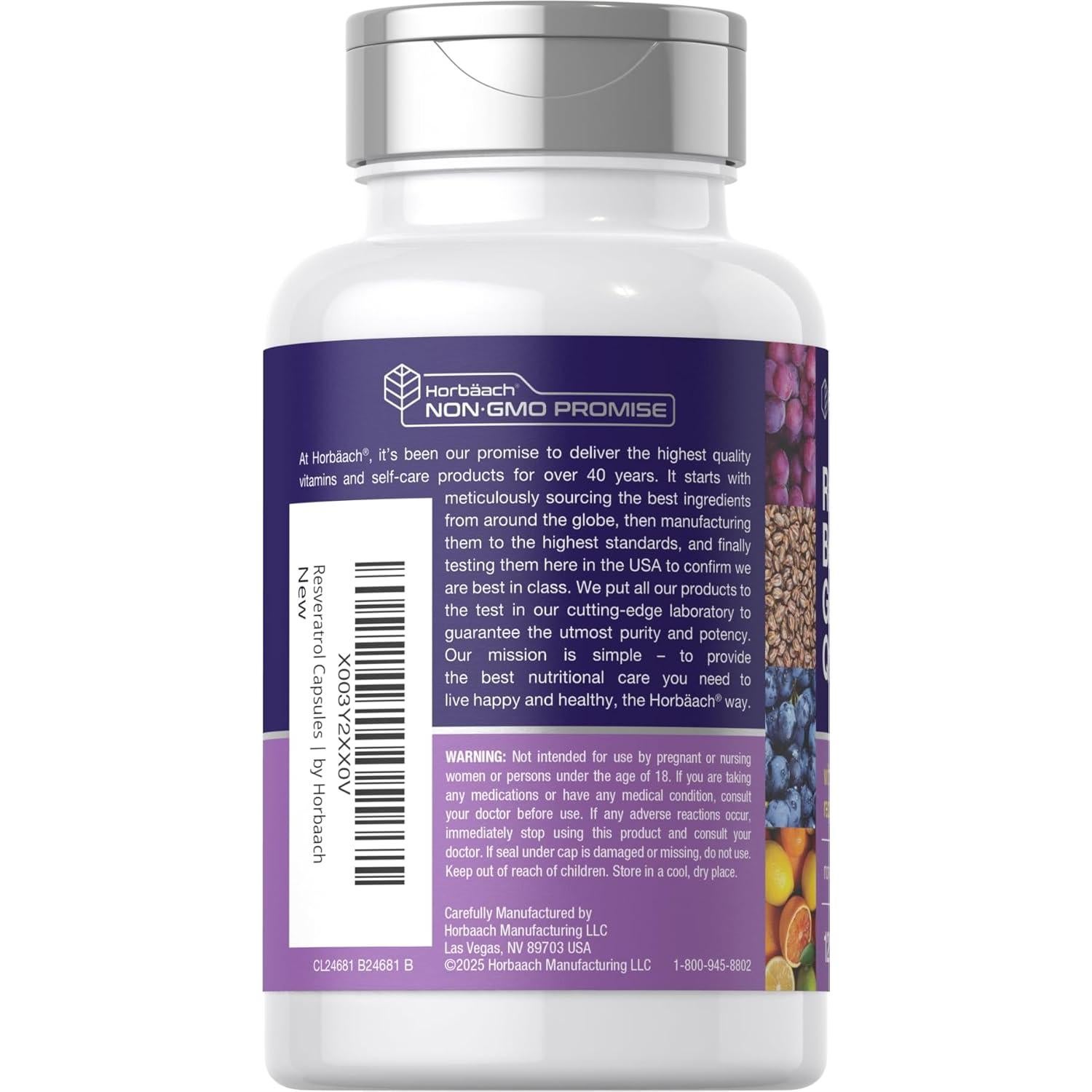 Suplemento de Resveratrol Horbaach 600 mg 120 Cápsulas Vegetales