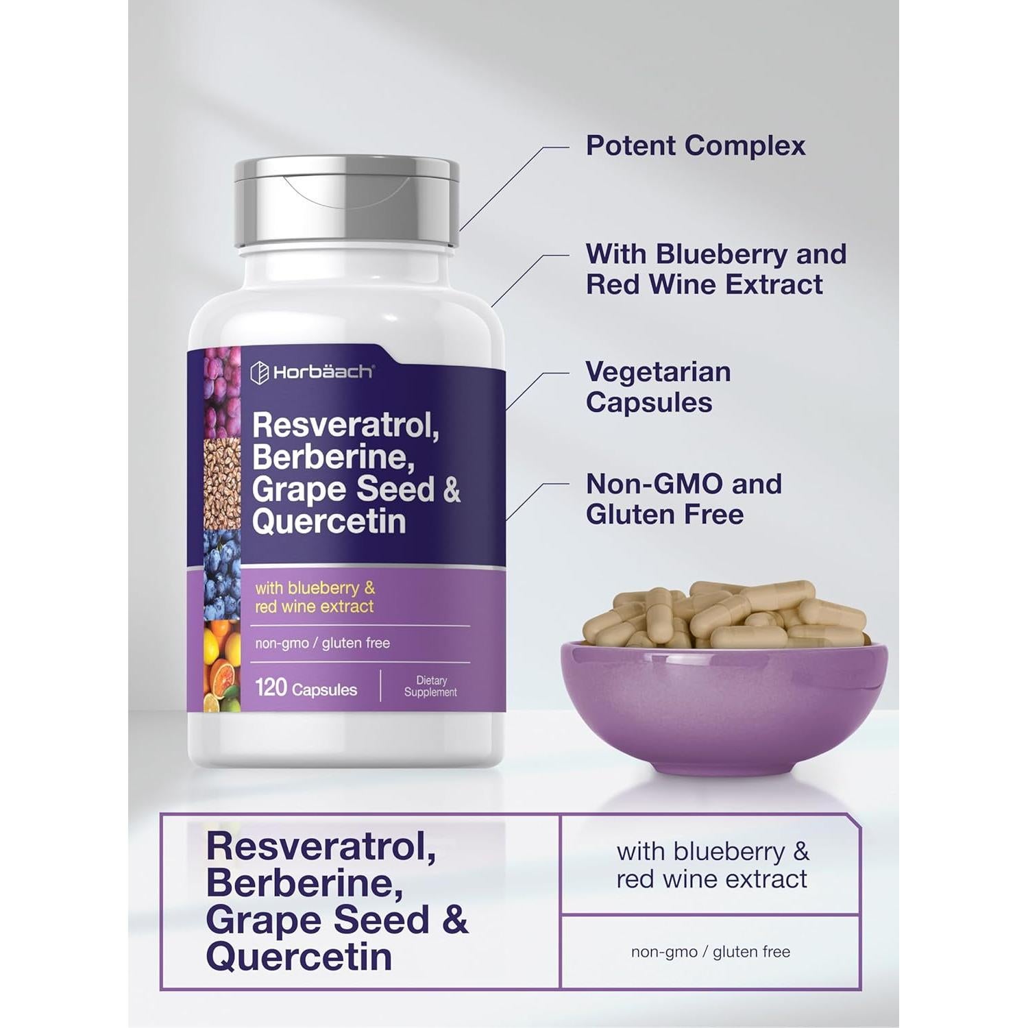 Suplemento de Resveratrol Horbaach 600 mg 120 Cápsulas Vegetales