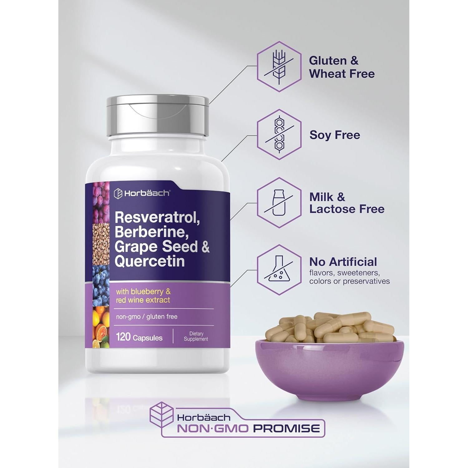 Suplemento de Resveratrol Horbaach 600 mg 120 Cápsulas Vegetales