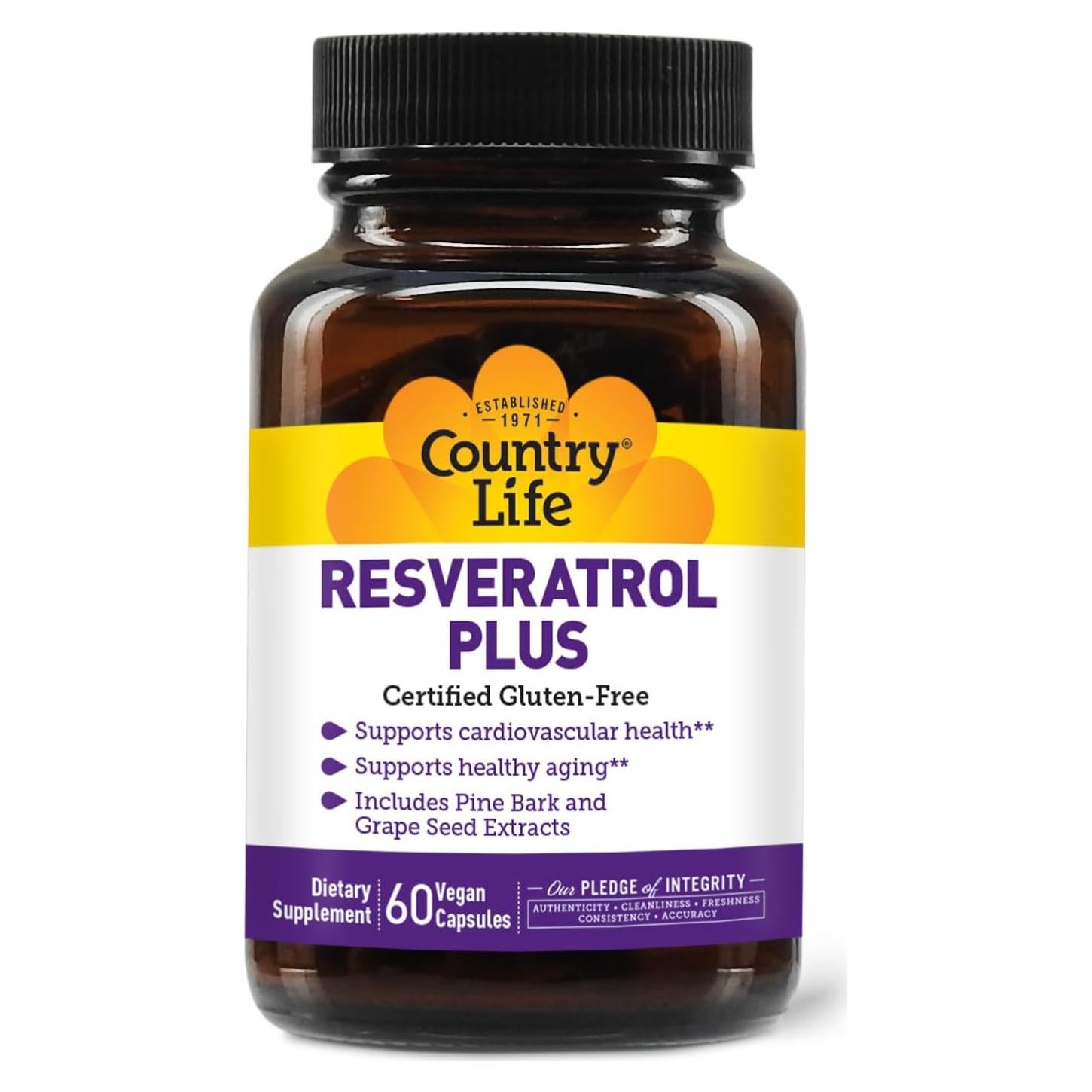 Suplemento Antioxidante Country Life Resveratrol Plus 1000mg - Vegano, Sin Gluten