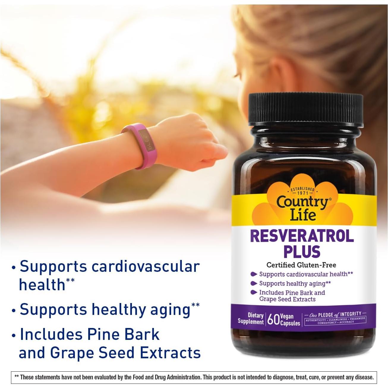 Suplemento Antioxidante Country Life Resveratrol Plus 1000mg - Vegano, Sin Gluten