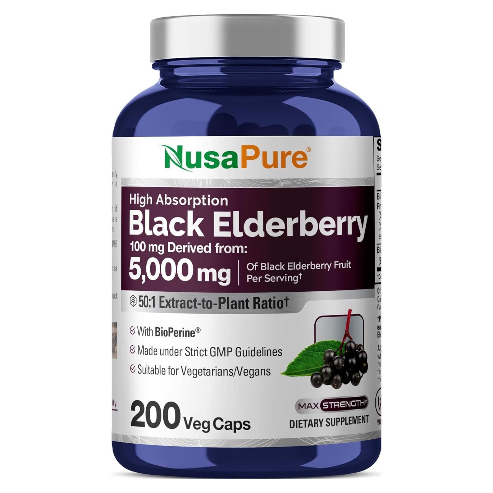 Extracto de Saúco Negro NusaPure 50:1 100mg Vegano 200 Cápsulas