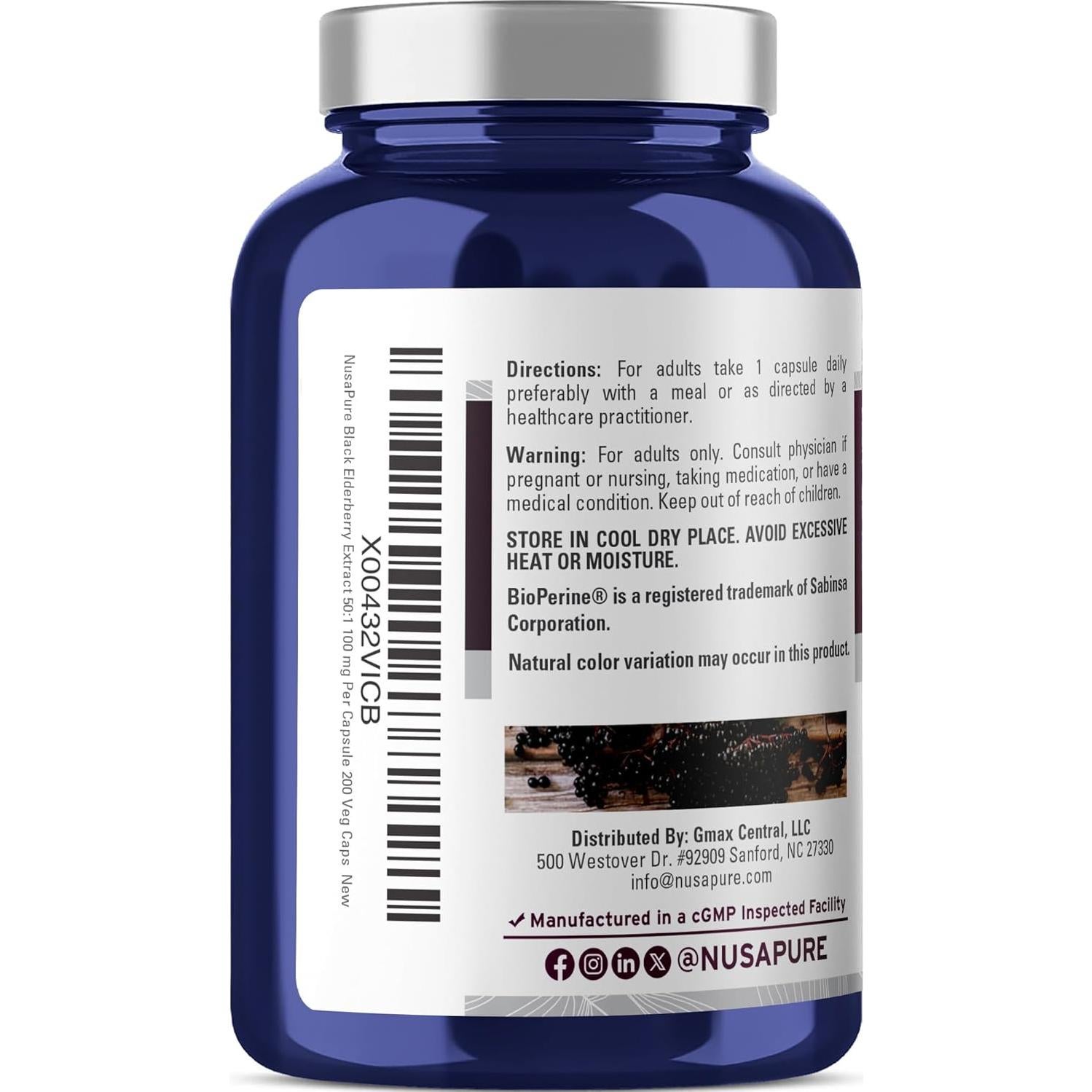 Extracto de Saúco Negro NusaPure 50:1 100mg Vegano 200 Cápsulas