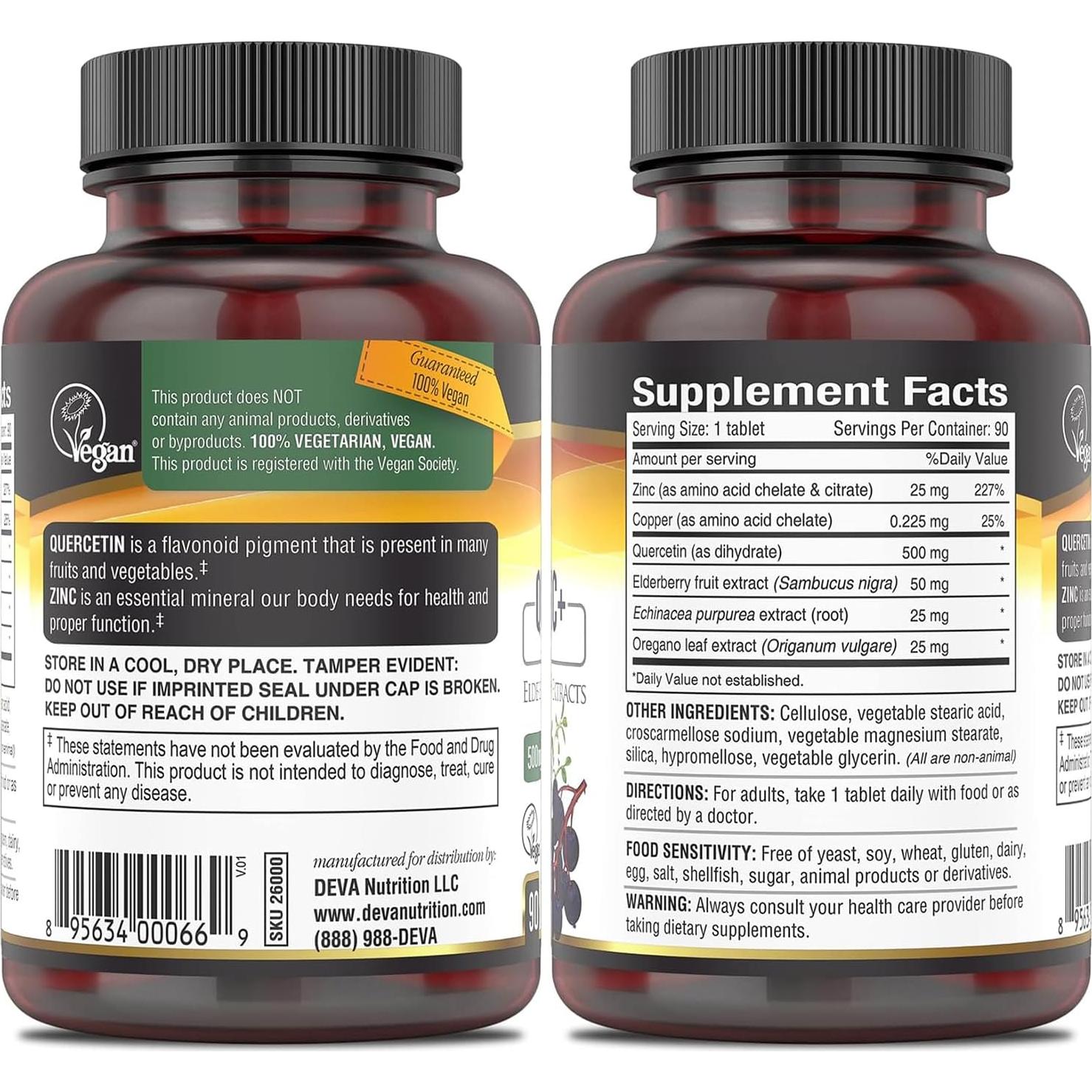Suplemento Vegano DEVA Quercetina Zinc+ 90 Tabletas x2