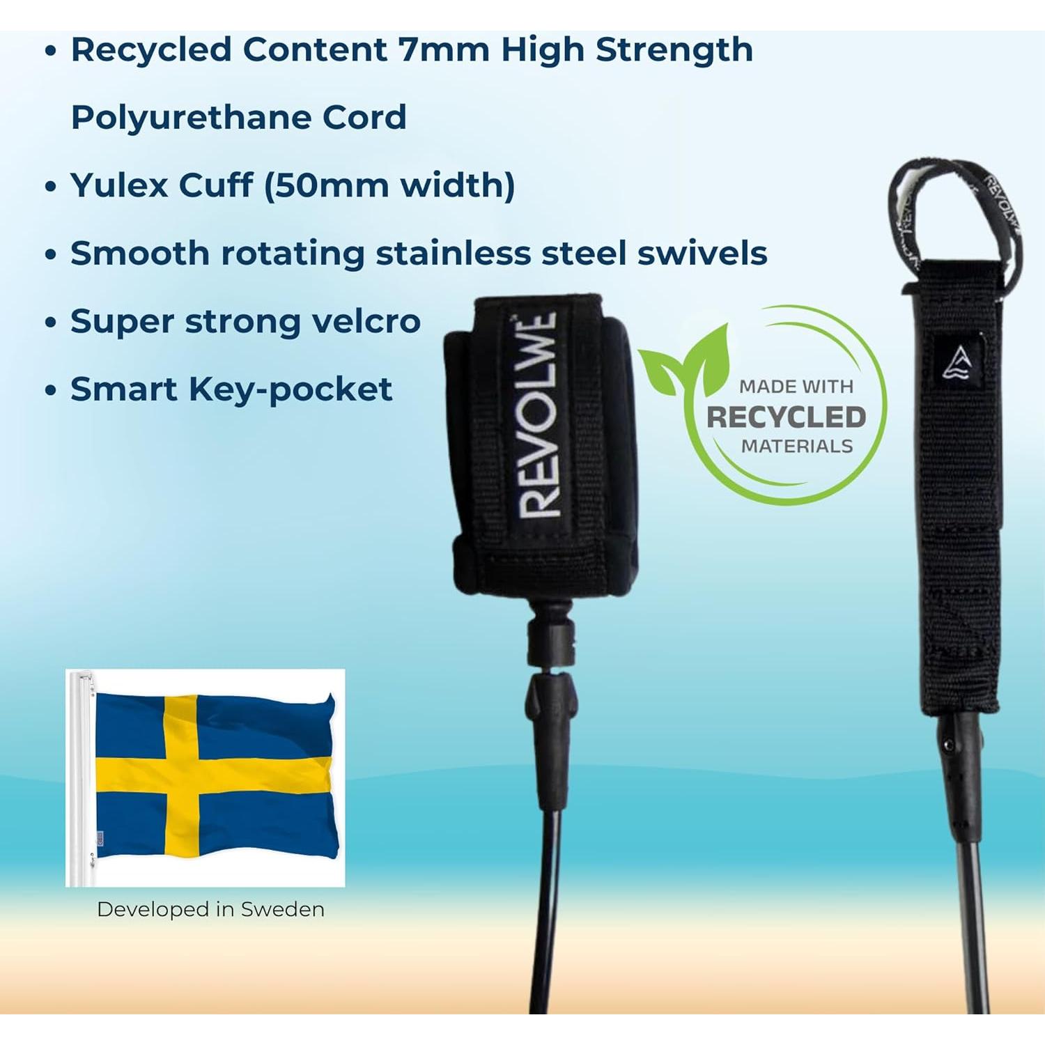 Leash de Surf REVOLWE 2.44m Material Reciclado Alta Resistencia