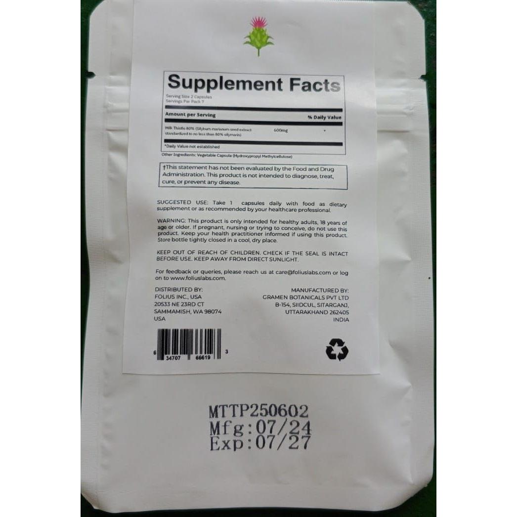 Extracto de Cardo Mariano FOLIUS LABS 300mg - 80% Silimarina - Suplemento Detox