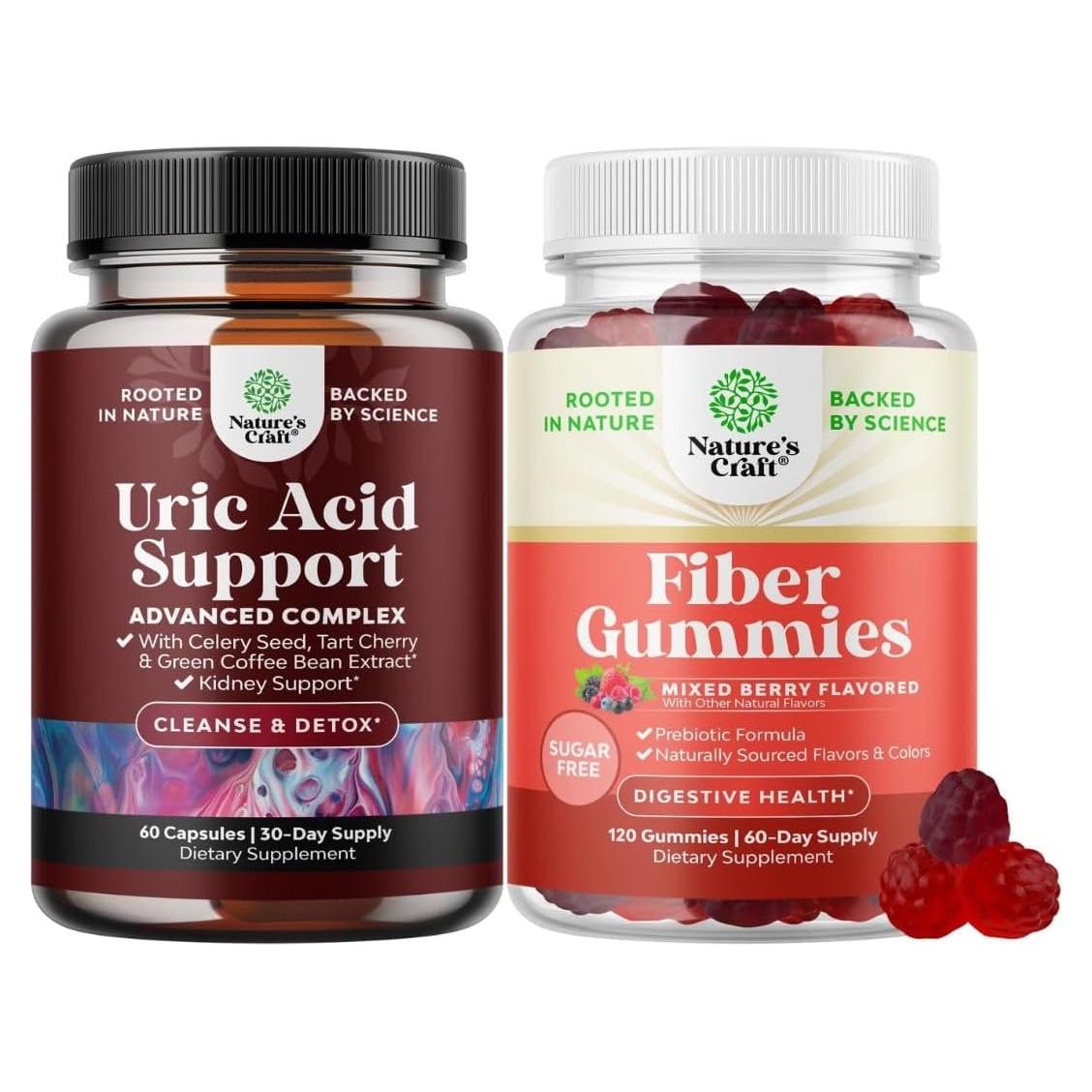 Bundle of Green Coffee Bean Extract for Uric Acid Cleanse & Detox - Turmeric, Tart Cherry & Celery Seed and Fiber Gummies for Adults - Chicory Root with Prebiotic Support for Gut & Digestive Health