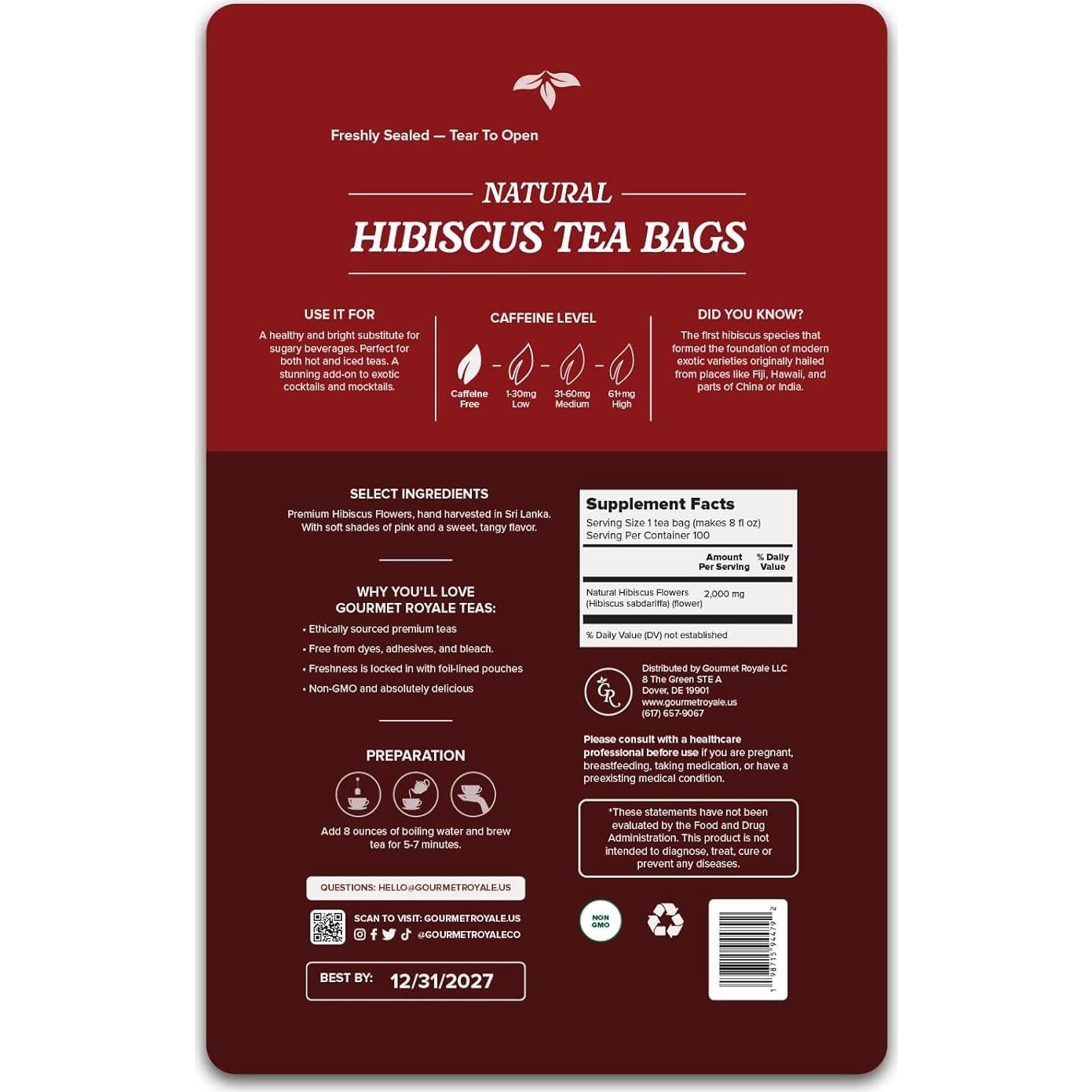 Té de Hibisco Gourmet Royale 100 Bolsitas Sostenibles Sin Cafeína