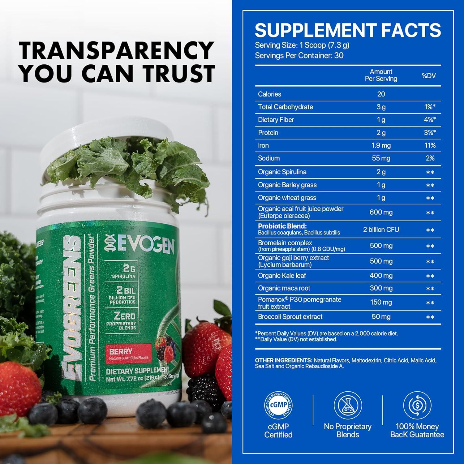 Evogen Evogreens Polvo de Super Greens Baya 30 Porciones