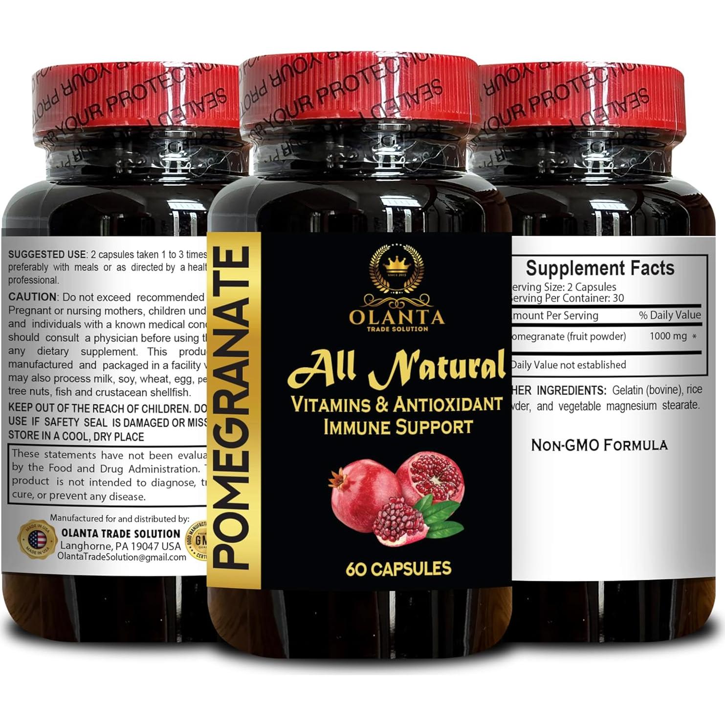 Cápsulas de Extracto de Granada Olanta, 60 Cáp. 1000mg Antioxidantes