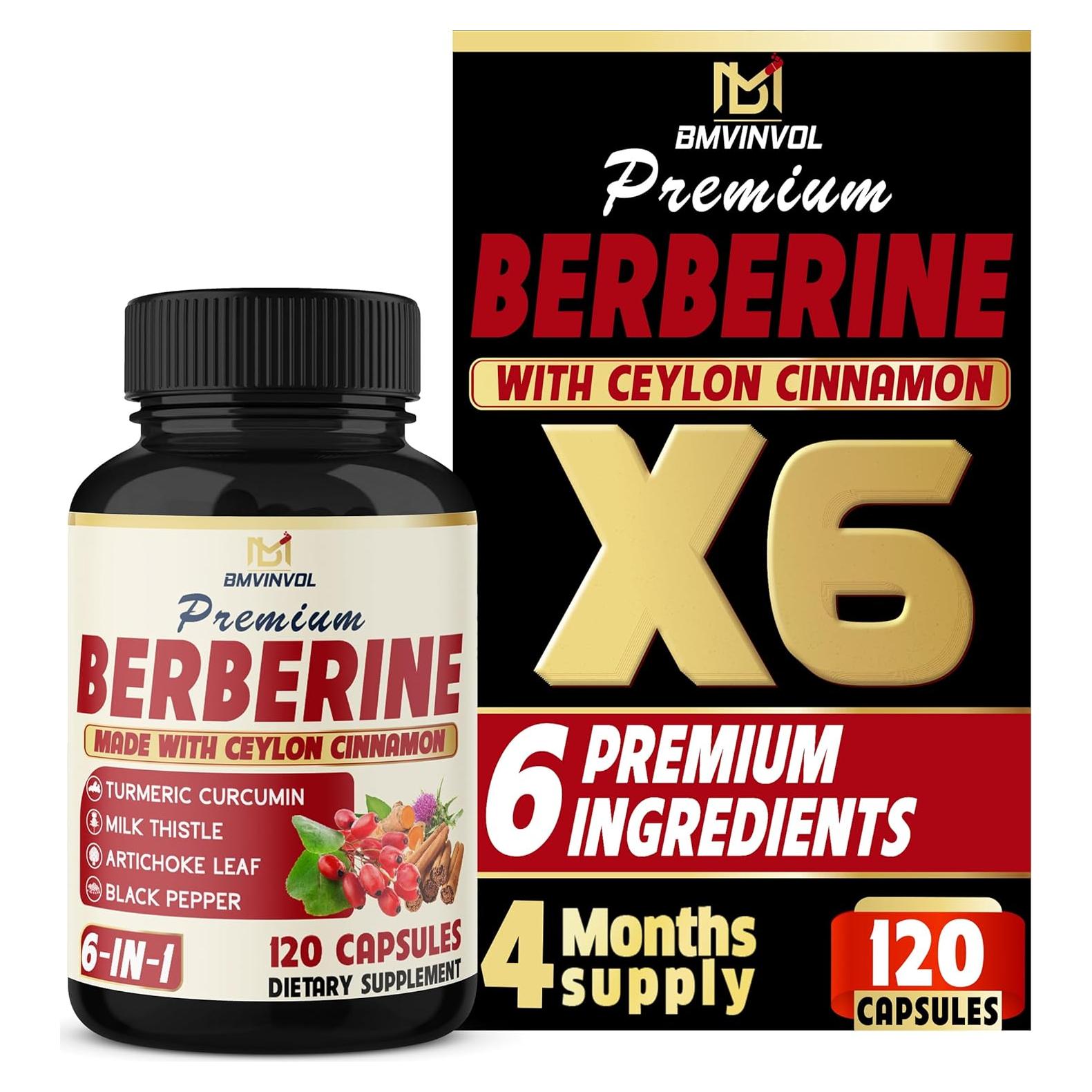 Suplemento de Berberina BMVINVOL 6 en 1 con Canela y Cúrcuma - 120 Cápsulas