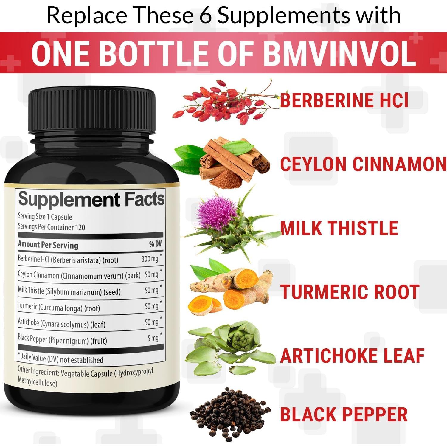 Suplemento de Berberina BMVINVOL 6 en 1 con Canela y Cúrcuma - 120 Cápsulas