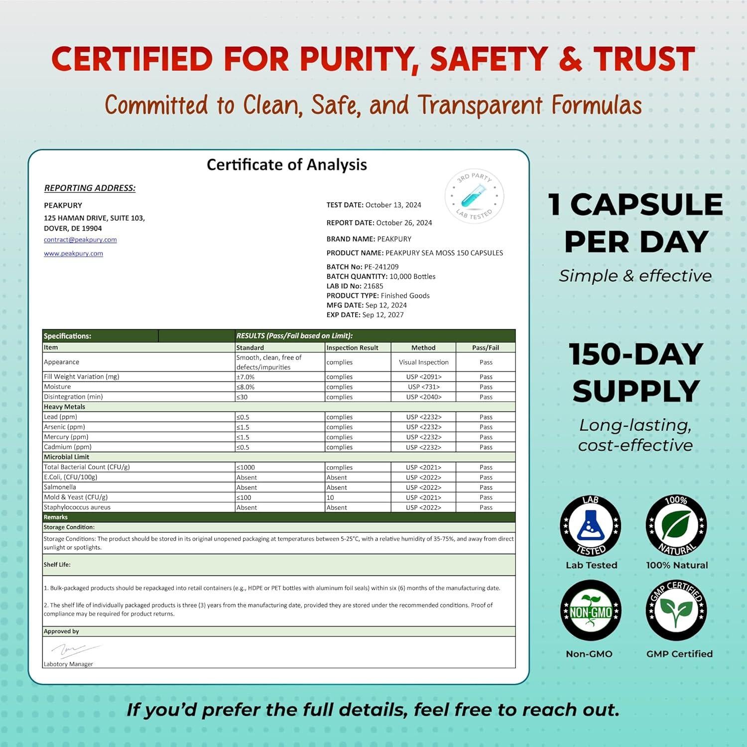 Suplemento Musgo Marino PeakPury 150 Cápsulas Veganas