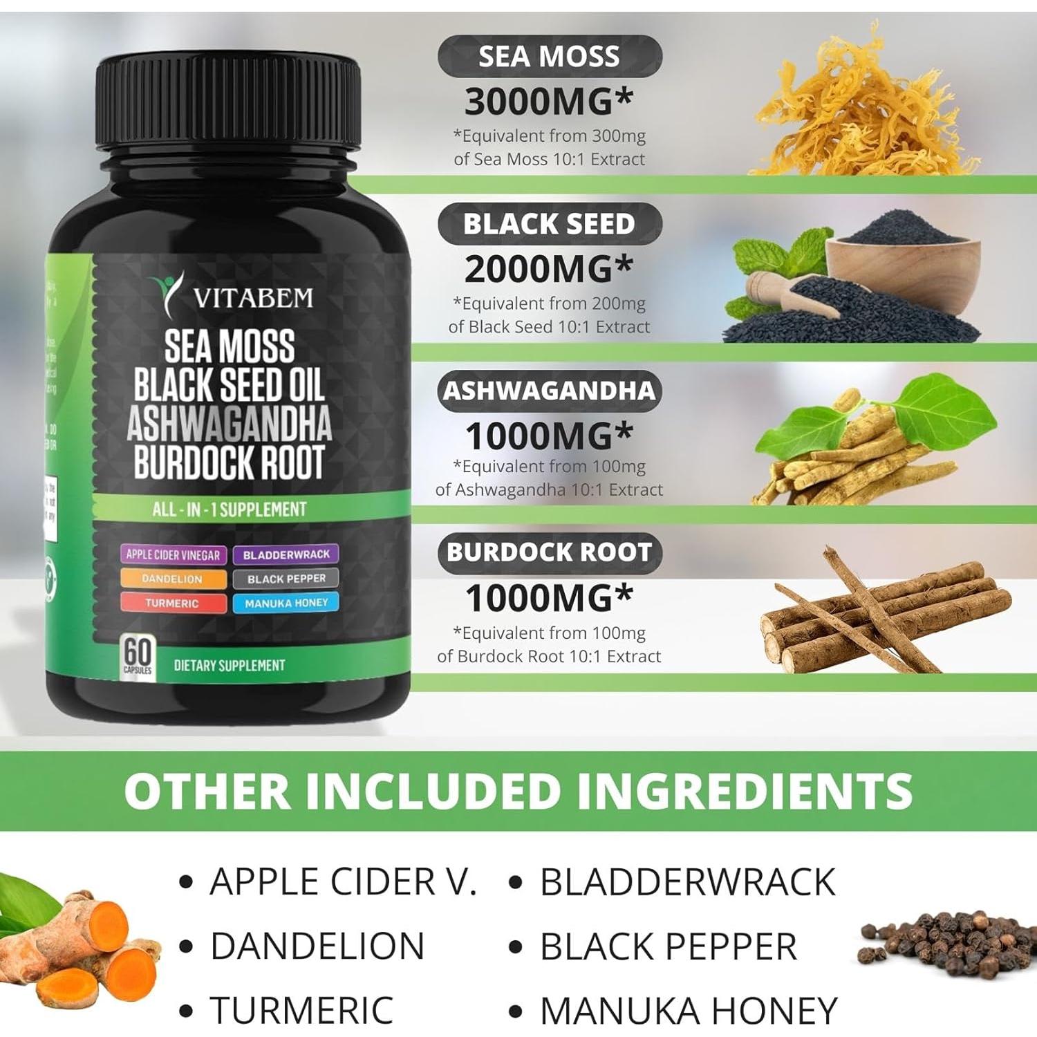 Cápsulas de Musgo Marino Vitabem con Aceite de Semilla Negra y Ashwagandha - 60 Unidades