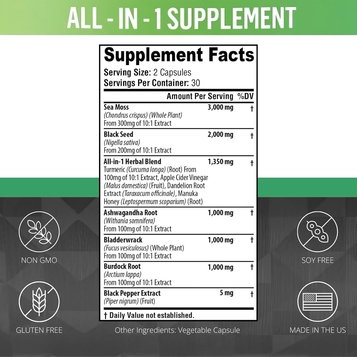 Cápsulas de Musgo Marino Vitabem con Aceite de Semilla Negra y Ashwagandha - 60 Unidades
