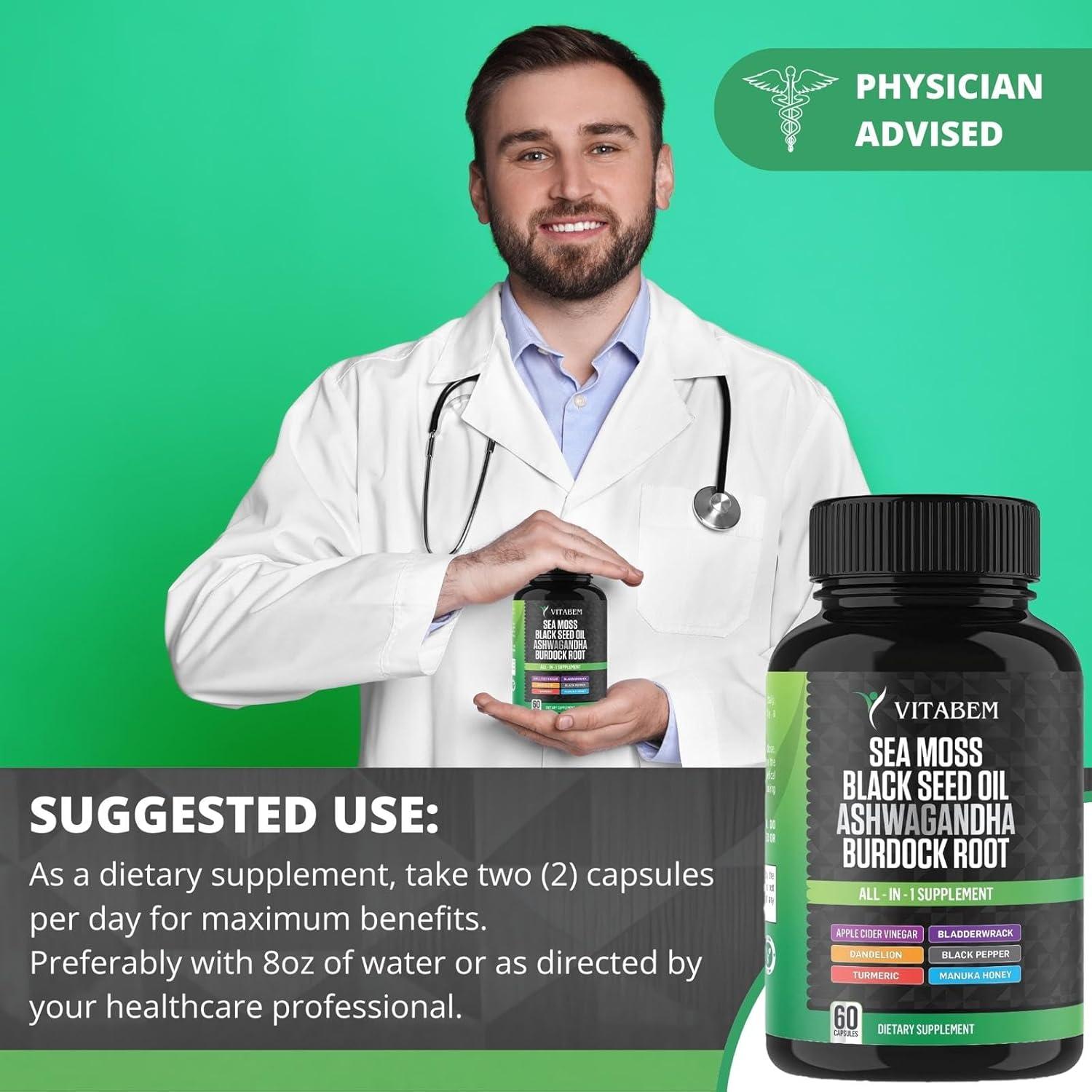 Cápsulas de Musgo Marino Vitabem con Aceite de Semilla Negra y Ashwagandha - 60 Unidades