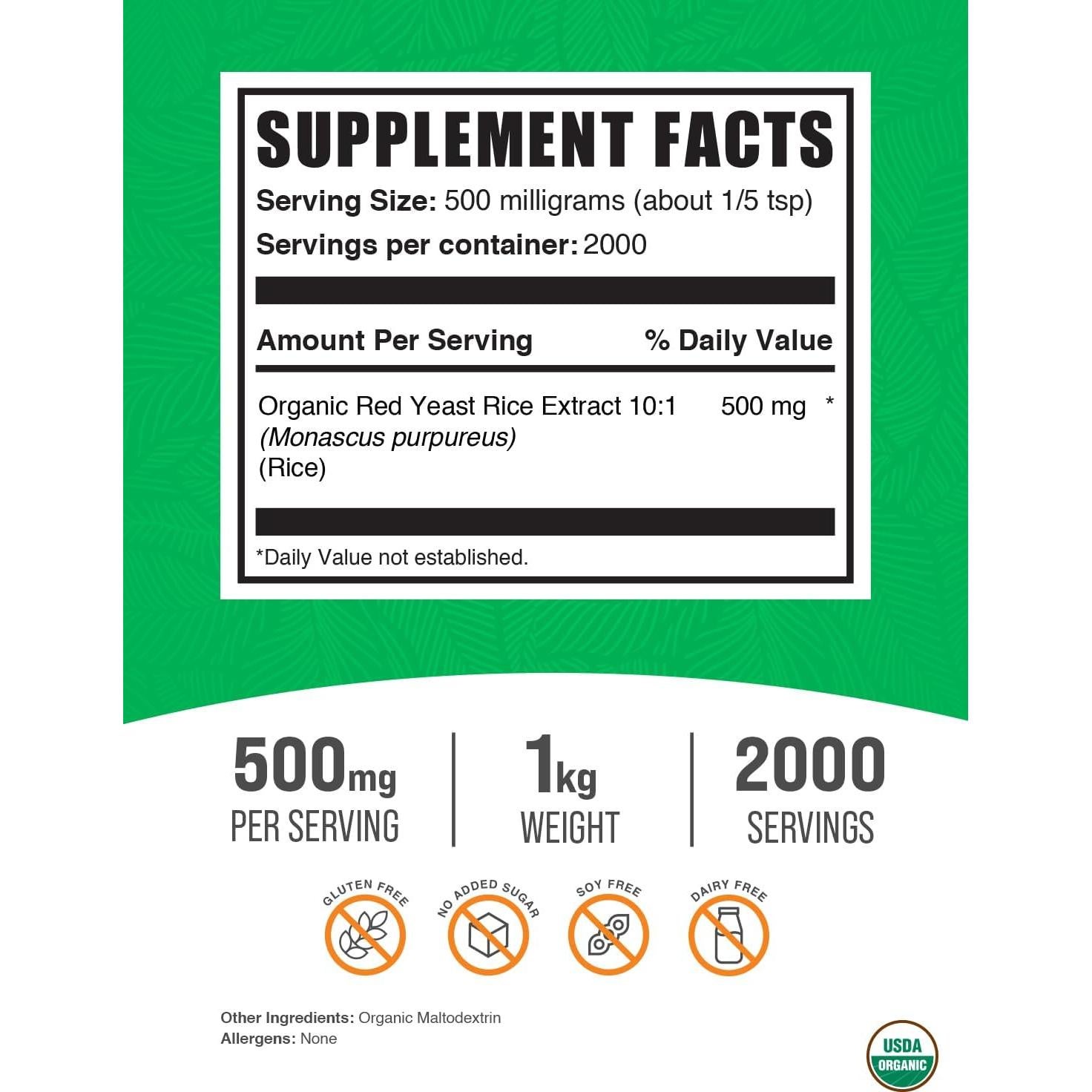 Extracto de Arroz Rojo Orgánico BulkSupplements 500mg 1kg